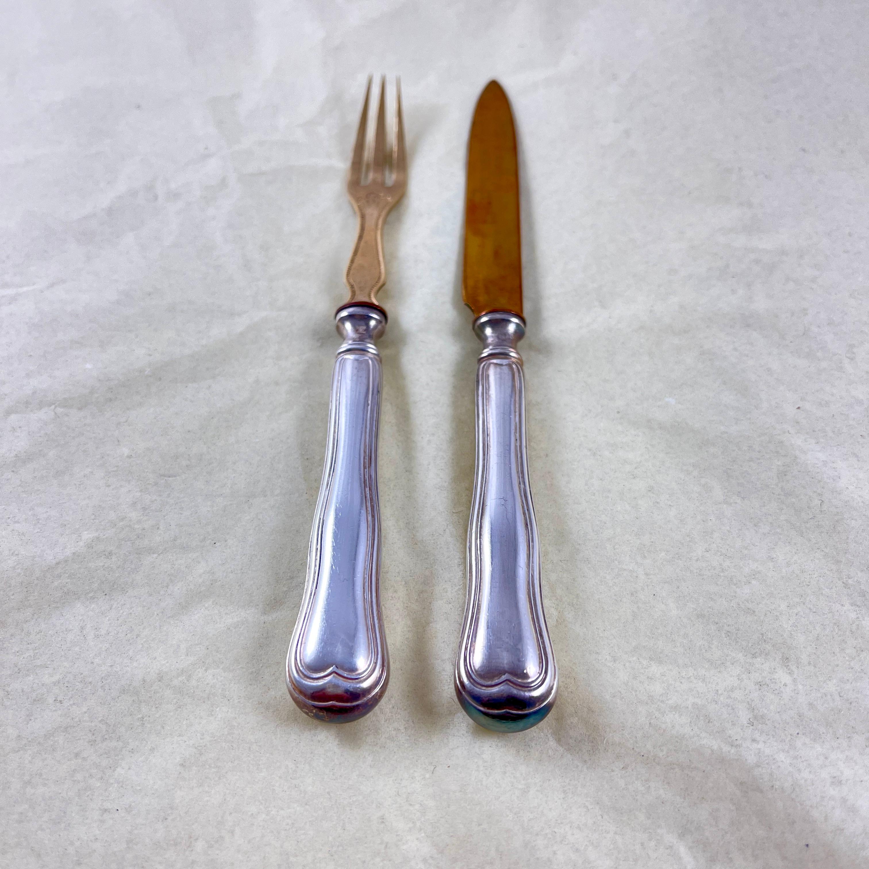 20th Century French Art Nouveau Cheese & Fruit Forks and Knives, set of 24 For Sale