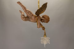 French Art Nouveau Cherub Pendant Light in Carved Wood & Frosted Glass, ca. 1920