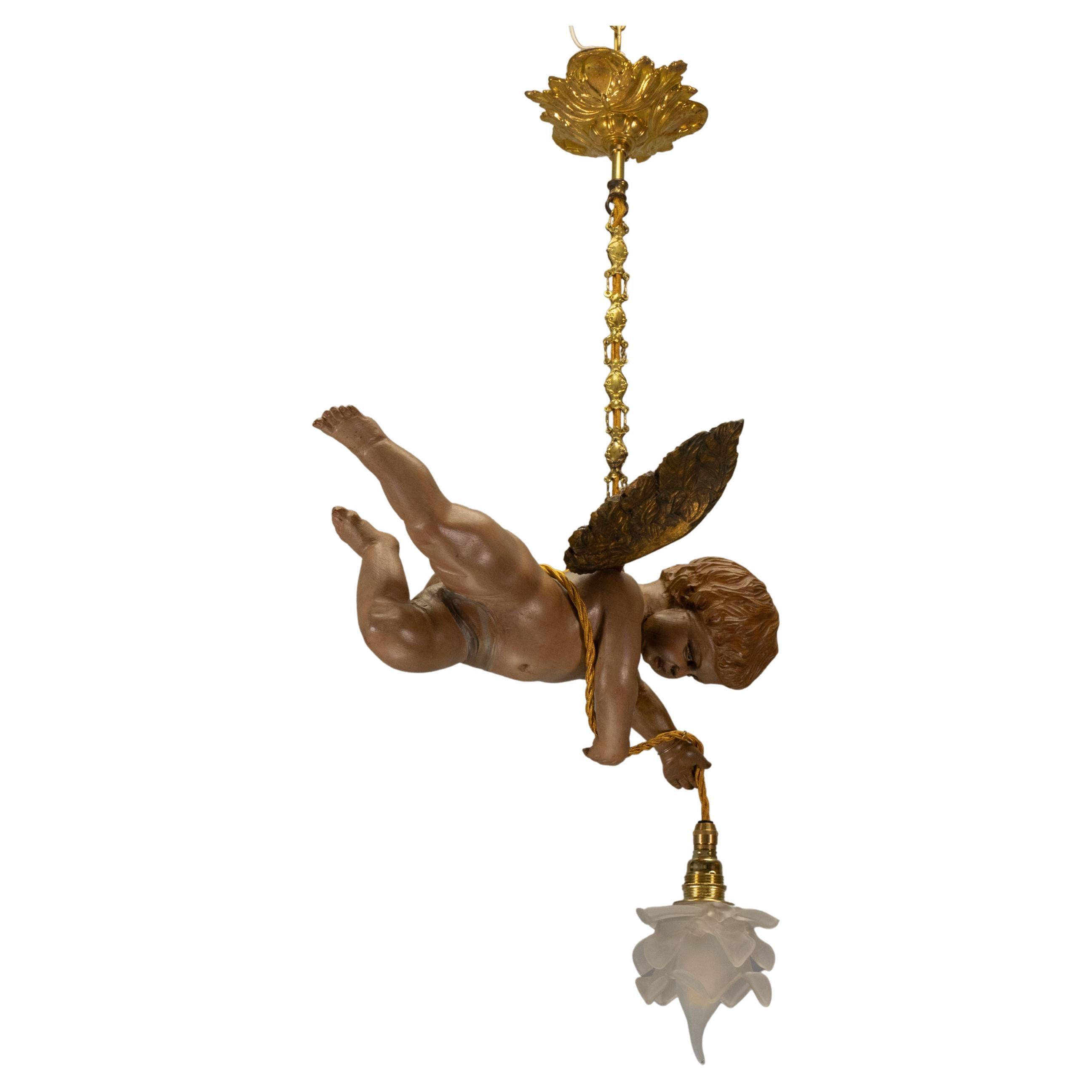 French Art Nouveau Cherub Pendant Light in Carved Wood 
Frosted Glass, ca. 1920