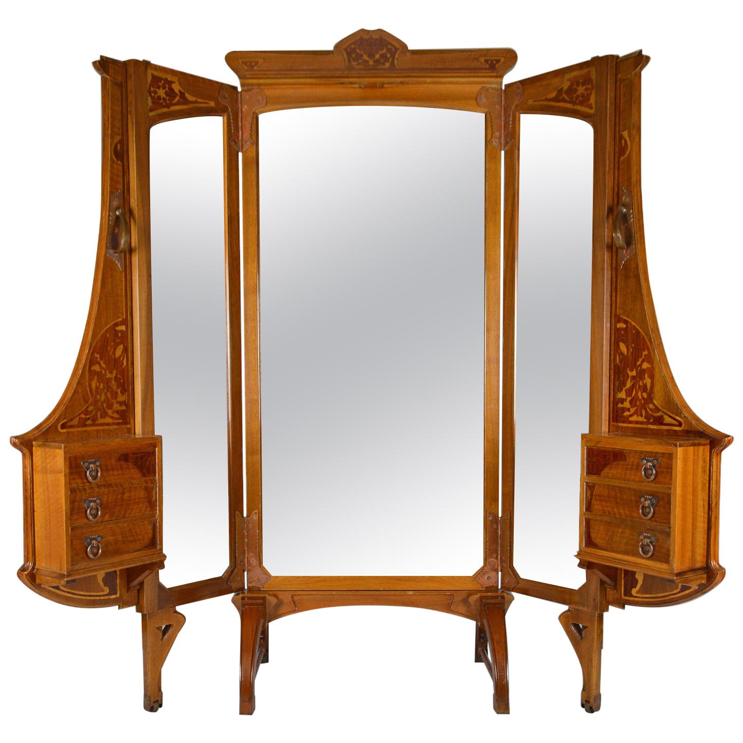 French Art Nouveau Cheval Mirror 5-Panel Screen / Vanity Dressing Table, 1901 For Sale