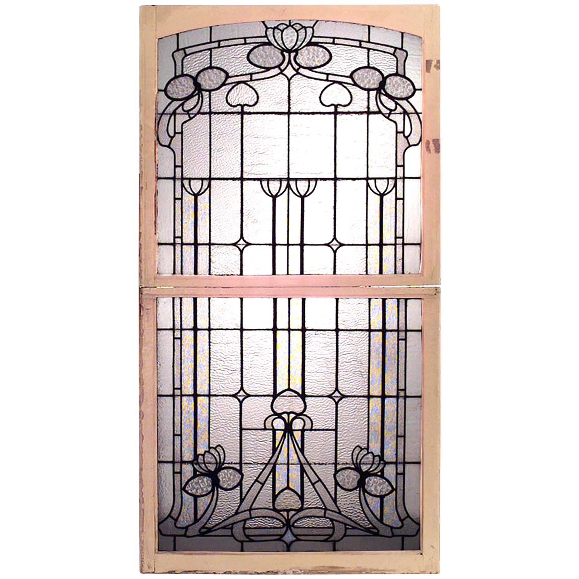 French Art Nouveau Clear and Textured Leaded Glass Double Window