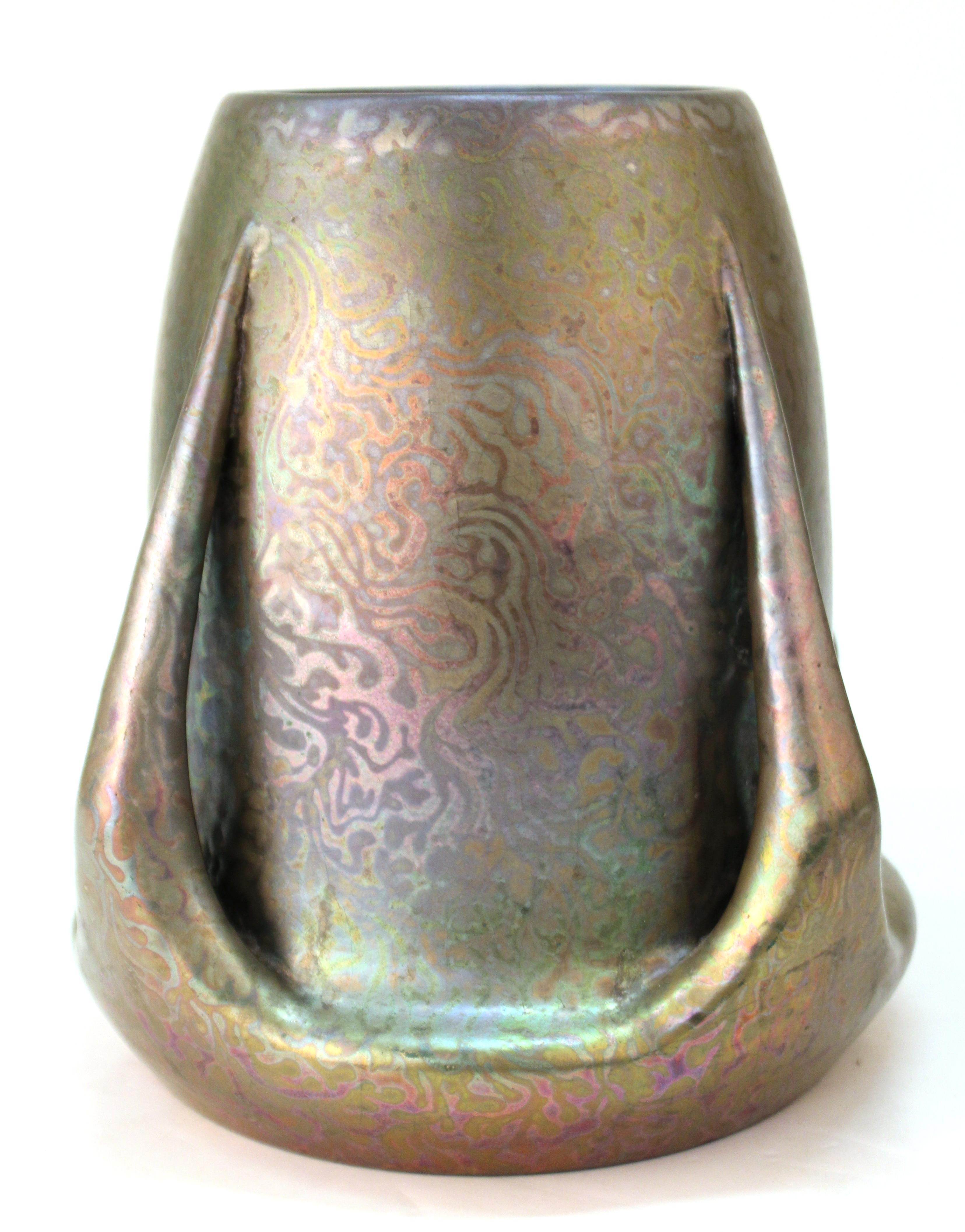 French Art Nouveau 'Golfe-Juan' ceramic luster vase with four tapering handles, created by Clement Massier (1844-1917), circa 1900. The underside is marked in the glaze and has impressed marks. Some light cracquelure on surface.
