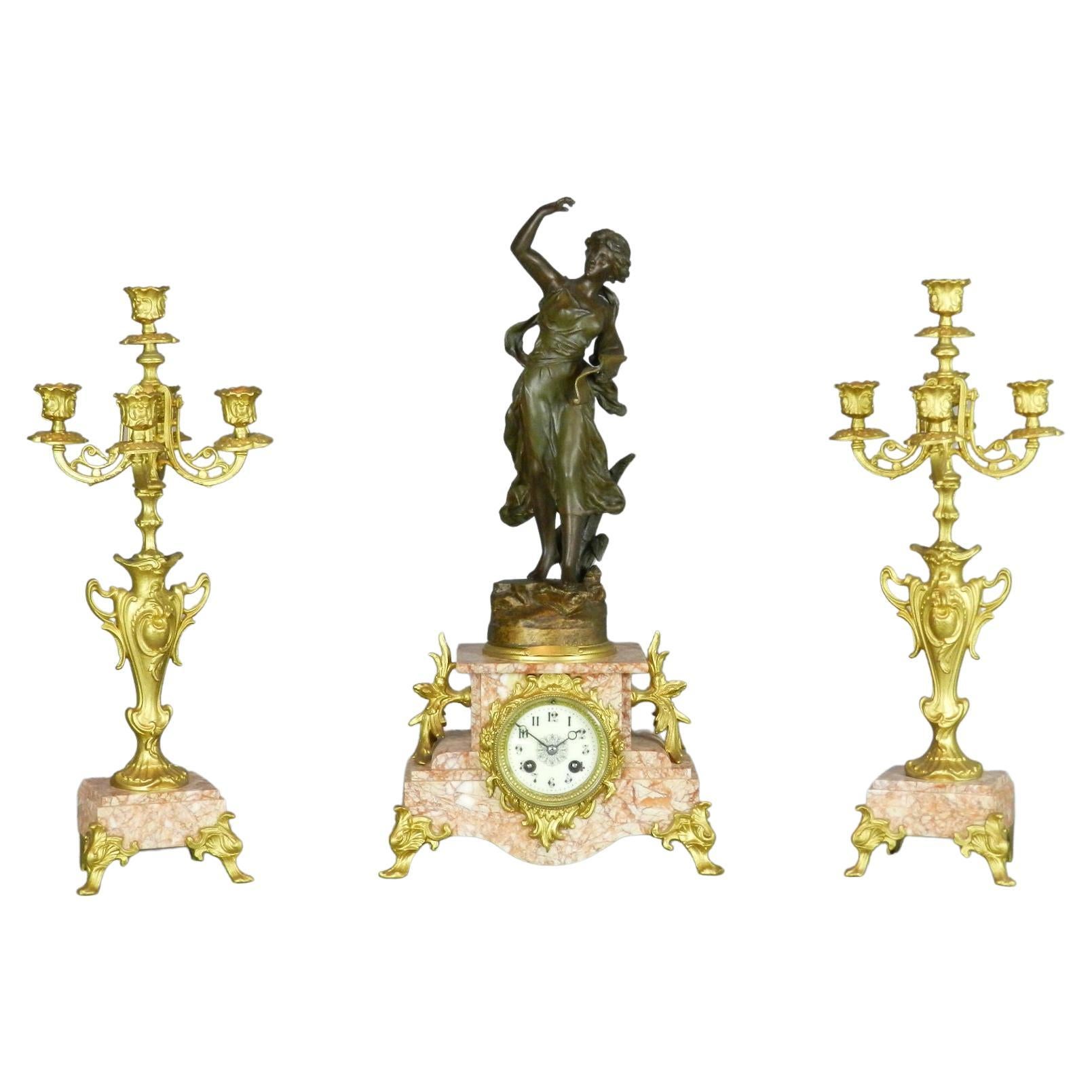 French Art Nouveau Clock Set 'Poésie' 'Ch Ruchot' by Japy Freres For Sale