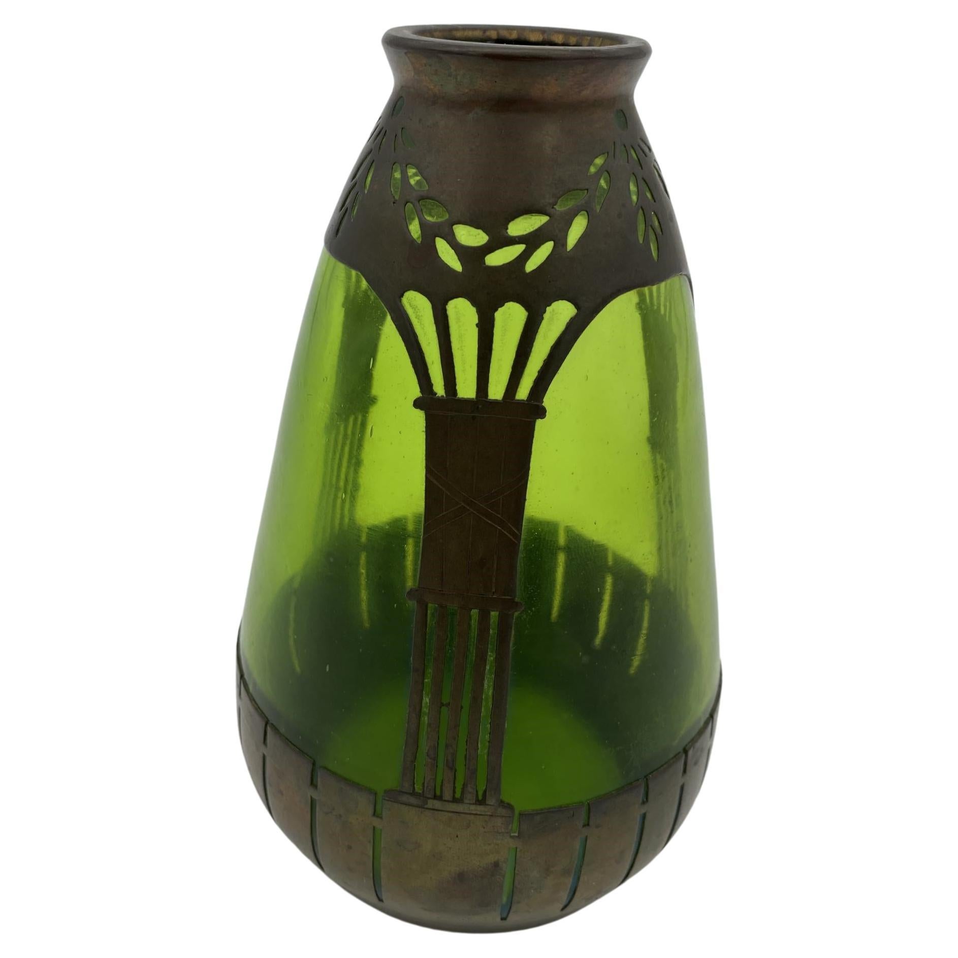 French Art Nouveau Copper and Green Glass Vase For Sale