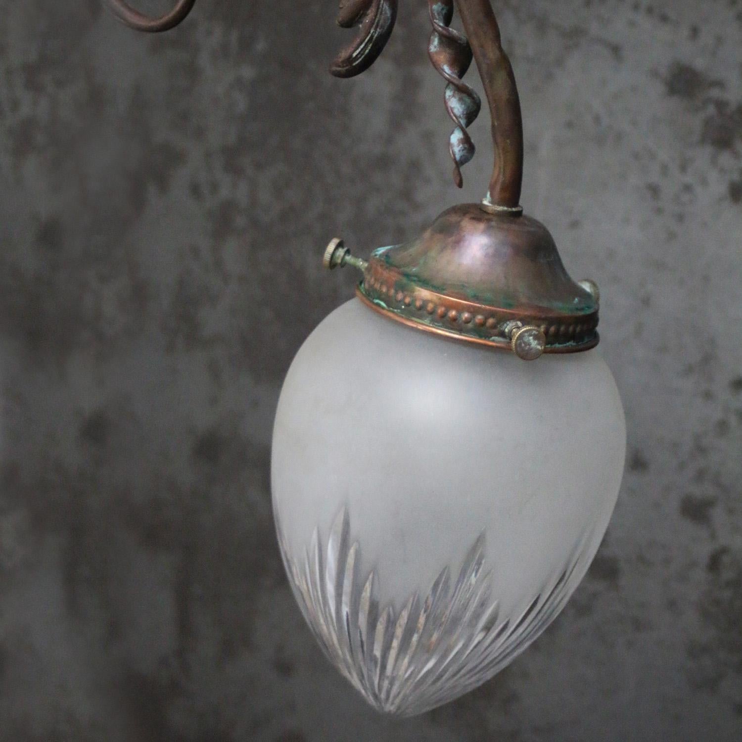 French art nouveau wall lamp
Semi frosted cut glass shade
Copper wall piece and brass arm

Weight: 1.70 kg / 3.7 lb

Priced per individual item. All lamps have been made suitable by international standards for incandescent light bulbs,