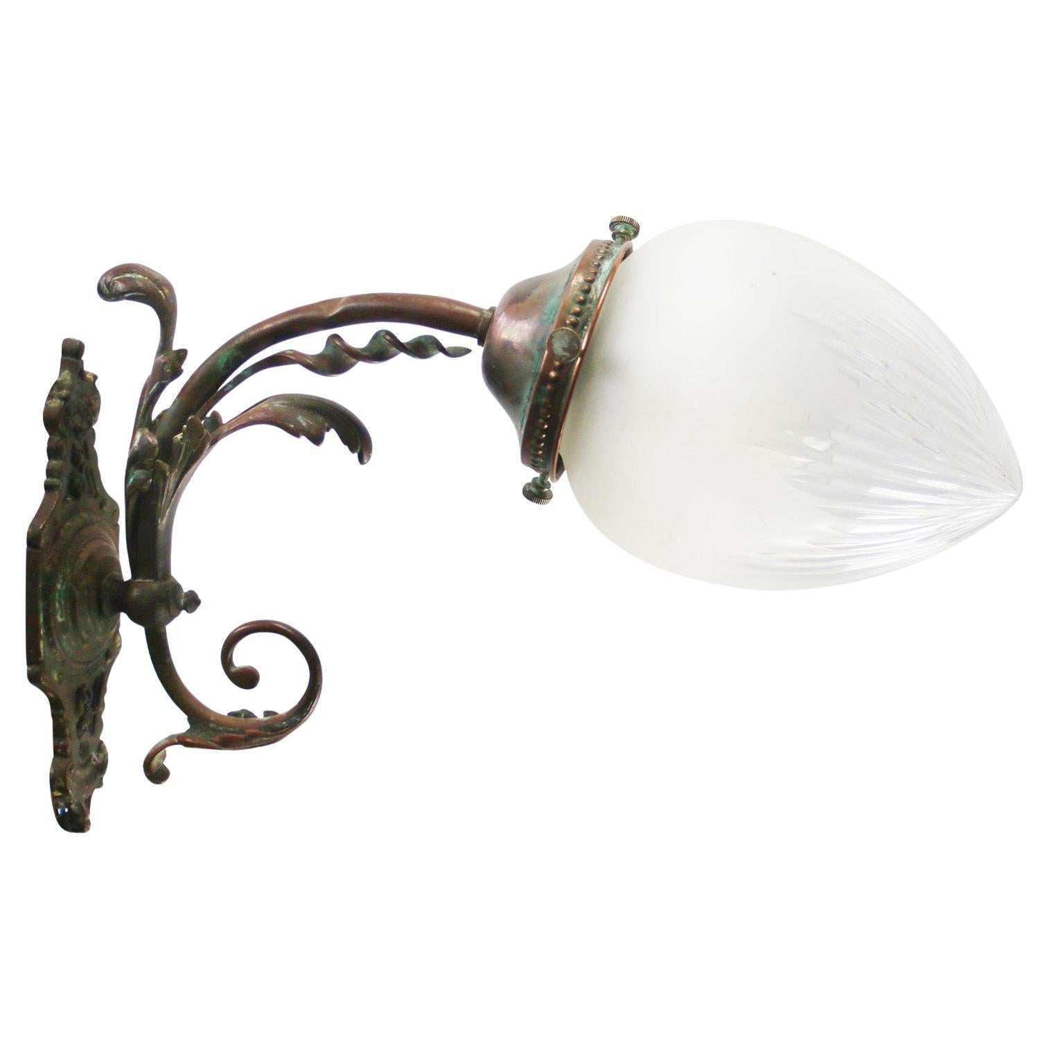 French Art Nouveau Copper Cut Glass Brass Sconce Wall Lamp