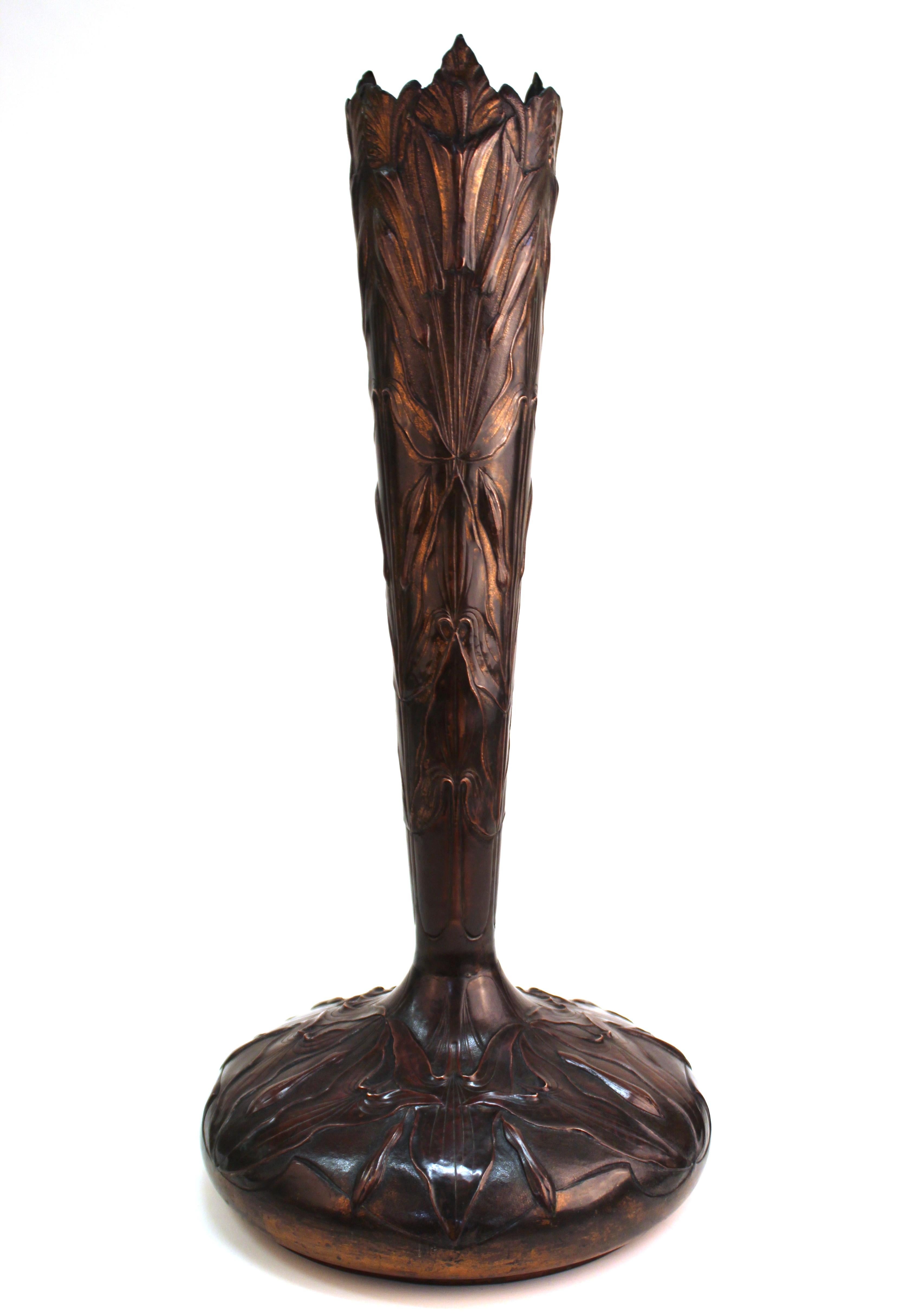 Repoussé French Art Nouveau Copper Repousse Vase with Leaves Motif