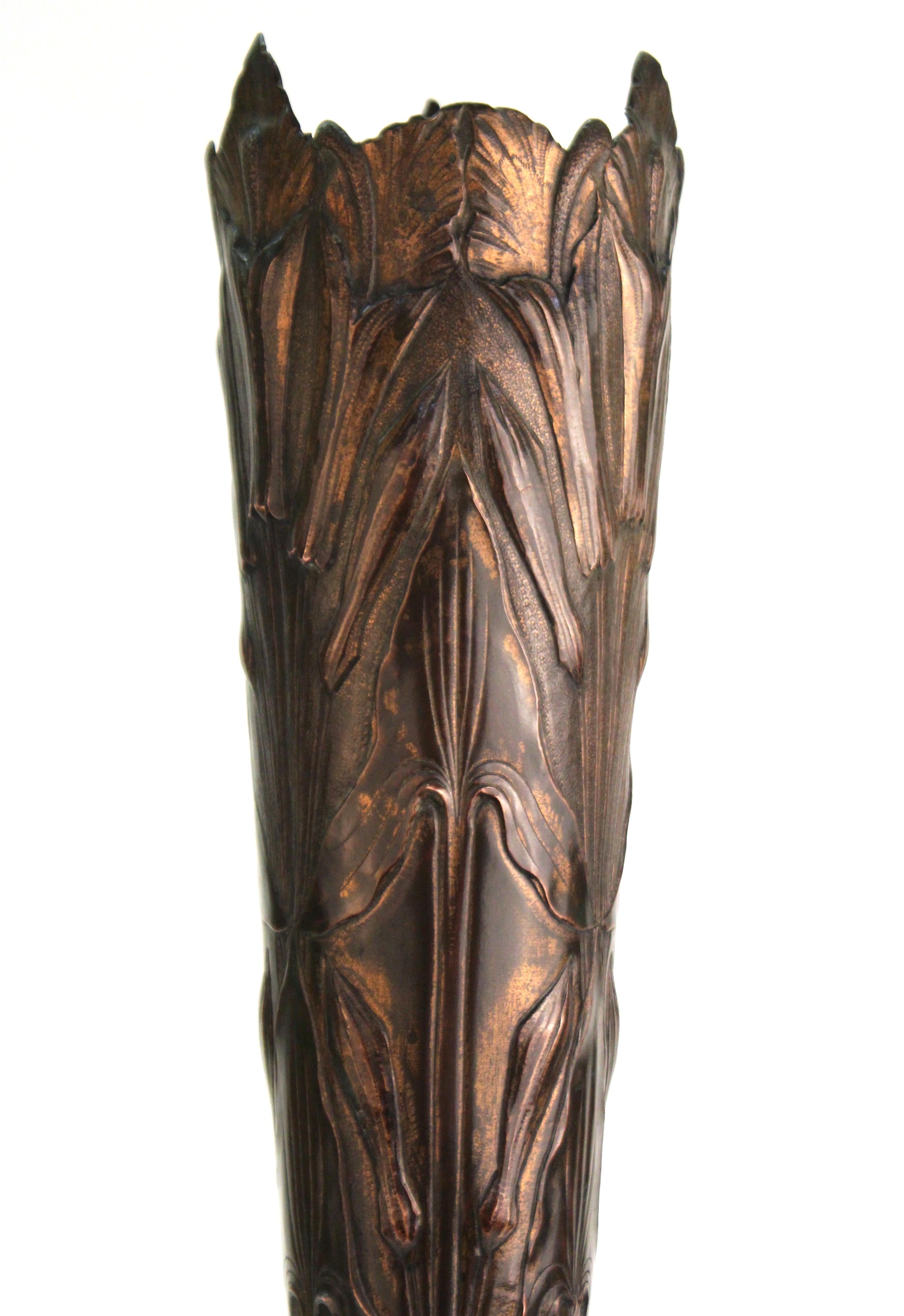 French Art Nouveau Copper Repousse Vase with Leaves Motif In Good Condition In New York, NY