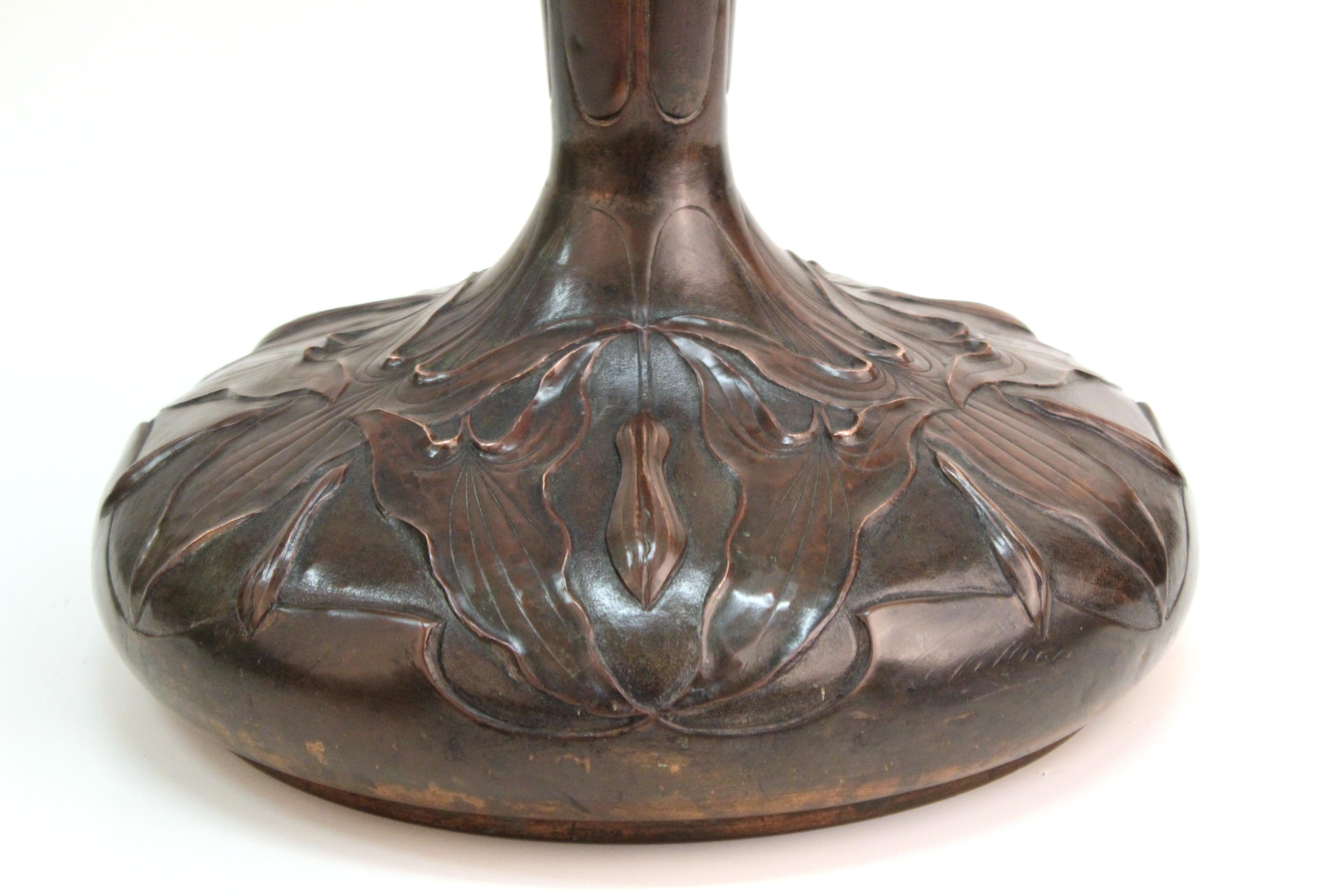 Early 20th Century French Art Nouveau Copper Repousse Vase with Leaves Motif
