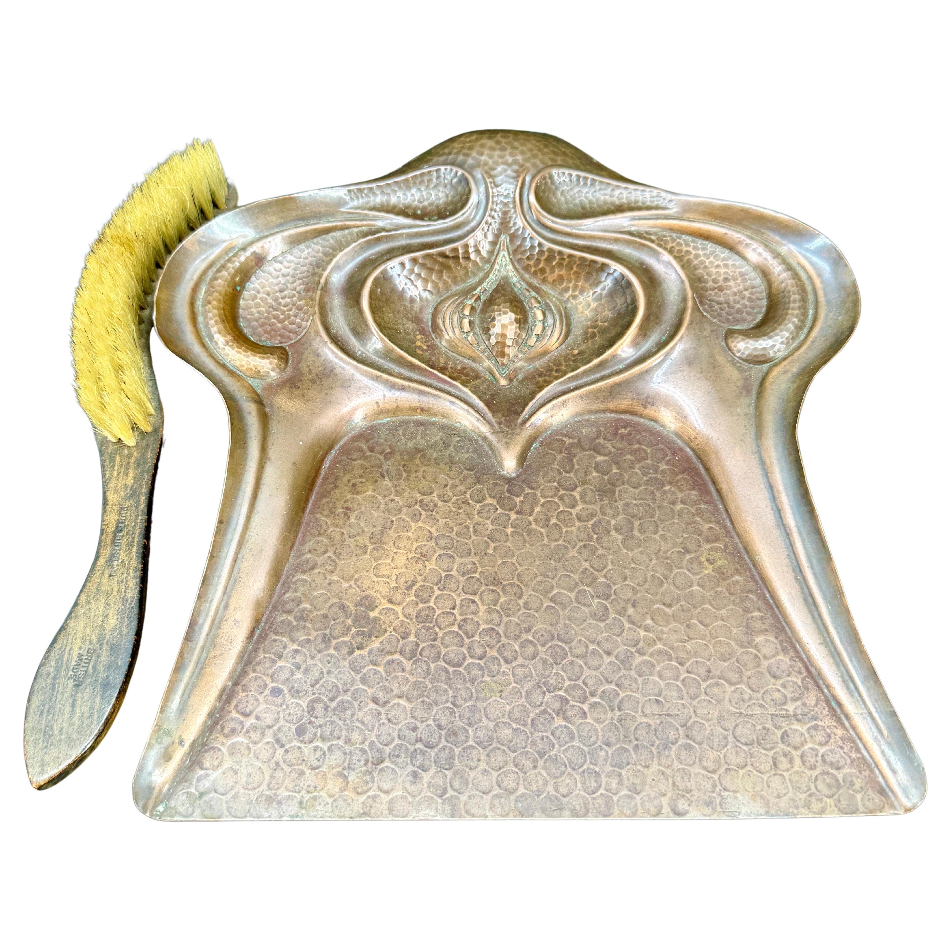  Charming Art Nouveau Table Tray and Broom Set. The pair includes the wood sweeper from marked British/England as well as the copper French tray. Great addition to add to an existing collection or start a new one.
