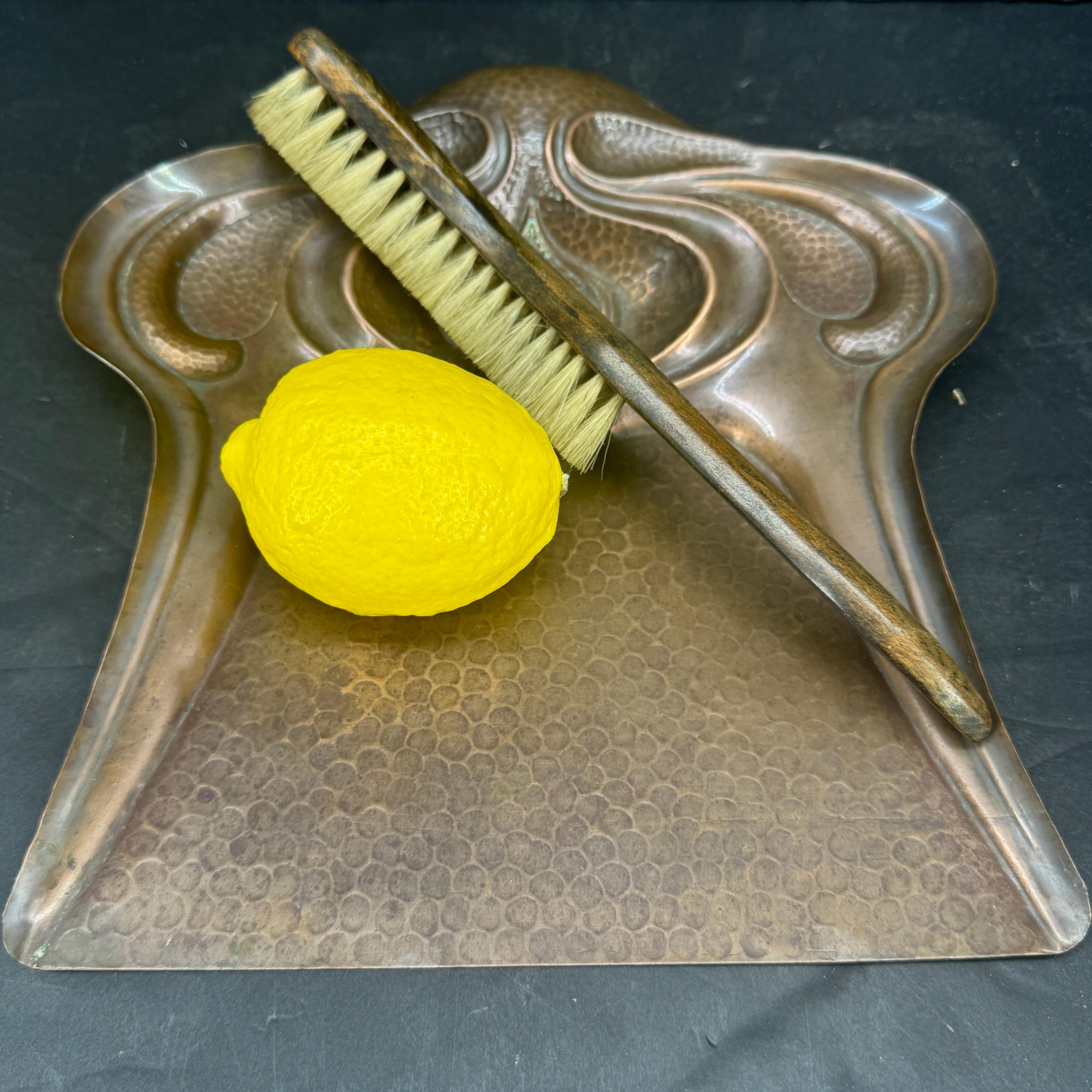 Hand-Crafted French Art Nouveau Copper Table Crumb Tray and Sweeper For Sale