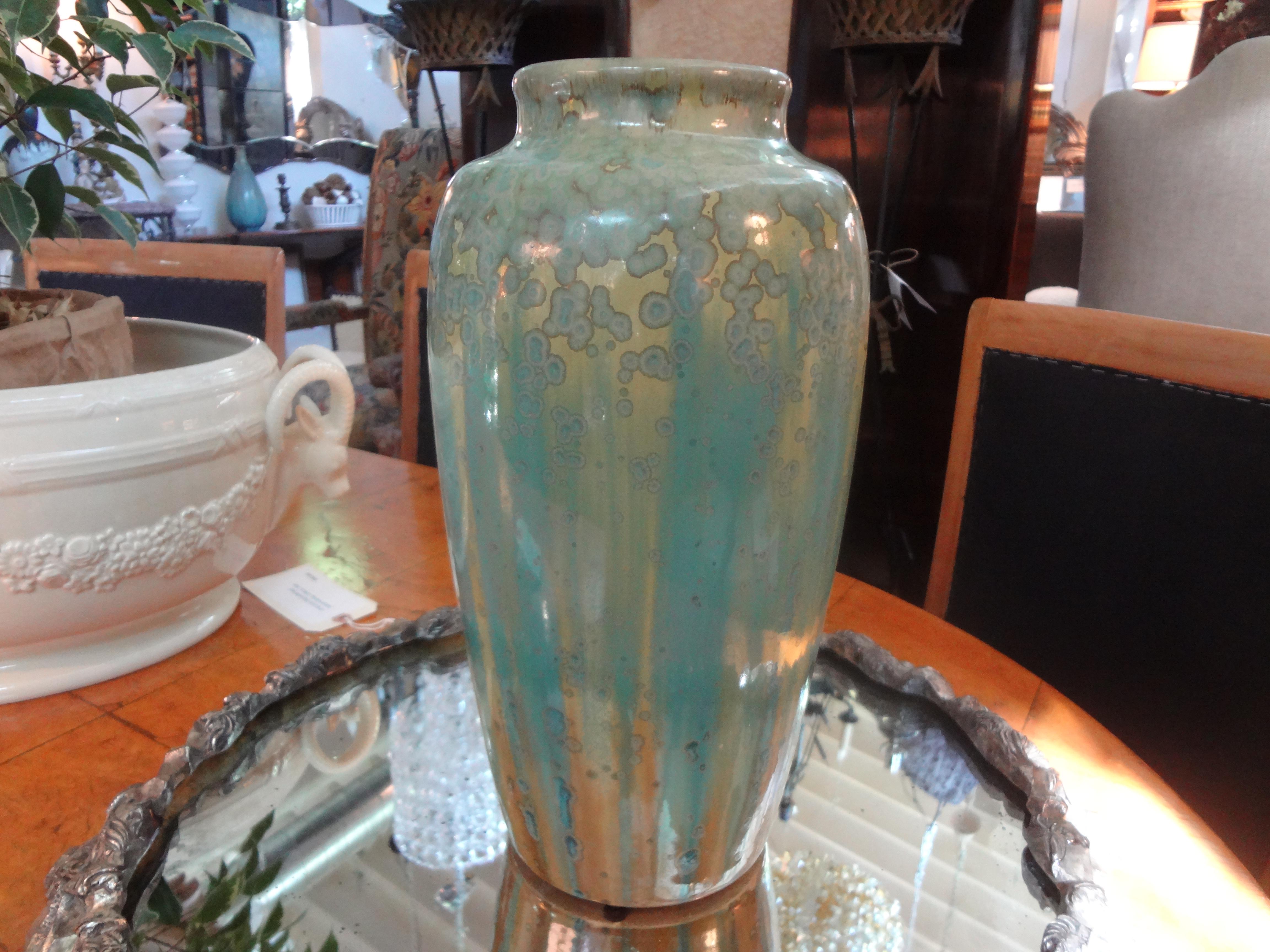 Stunning period French Art Nouveau crystalline glazed pottery vase by Pierrefonds. This gorgeous large French Art Nouveau vase, vessel or urn is stamped with the factory mark and dates to 1900. In fabulous shades of blue.