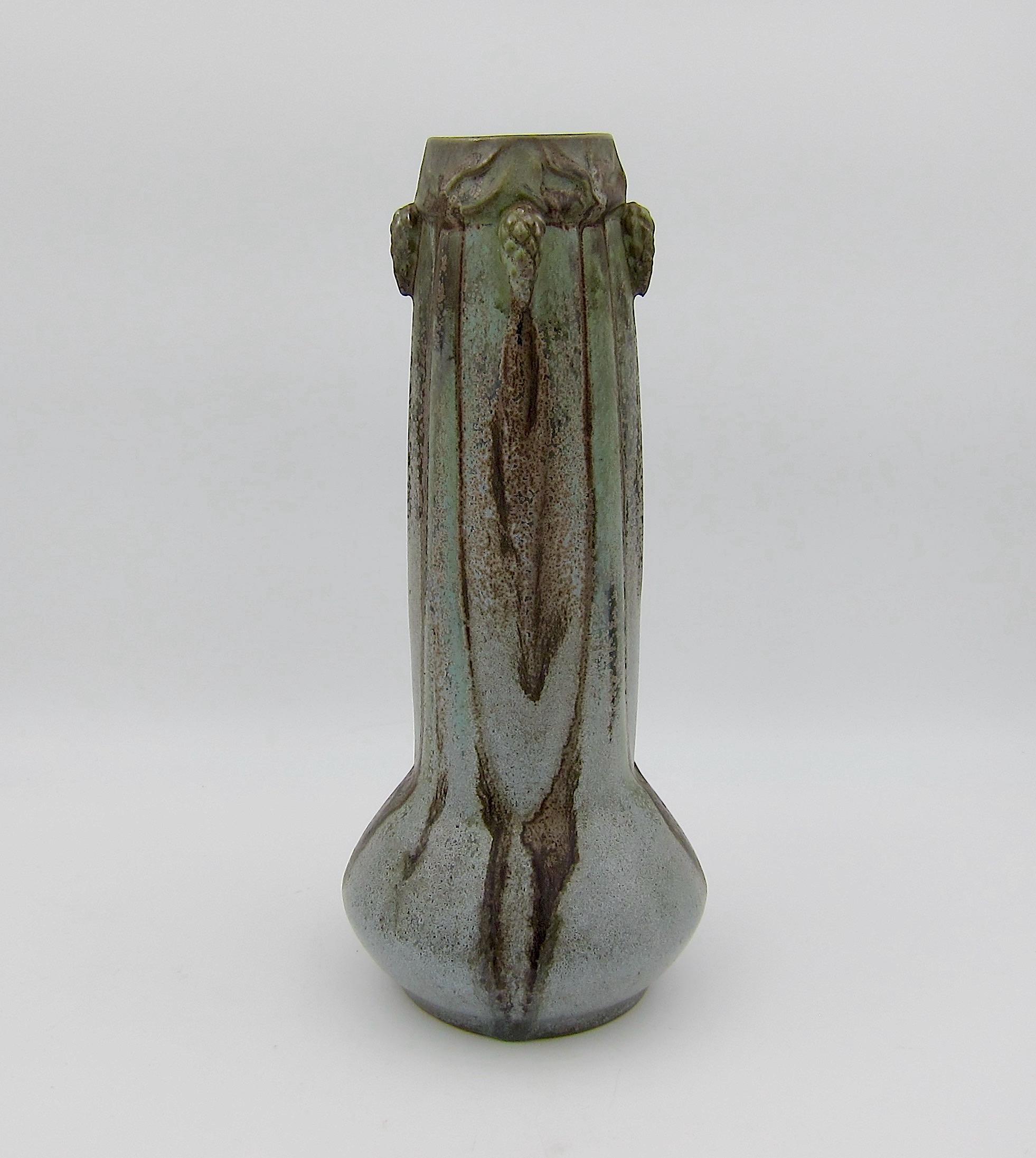 French Art Nouveau Crystalline Vase with Pine Cones Denbac Pottery Vierzon In Good Condition For Sale In Los Angeles, CA