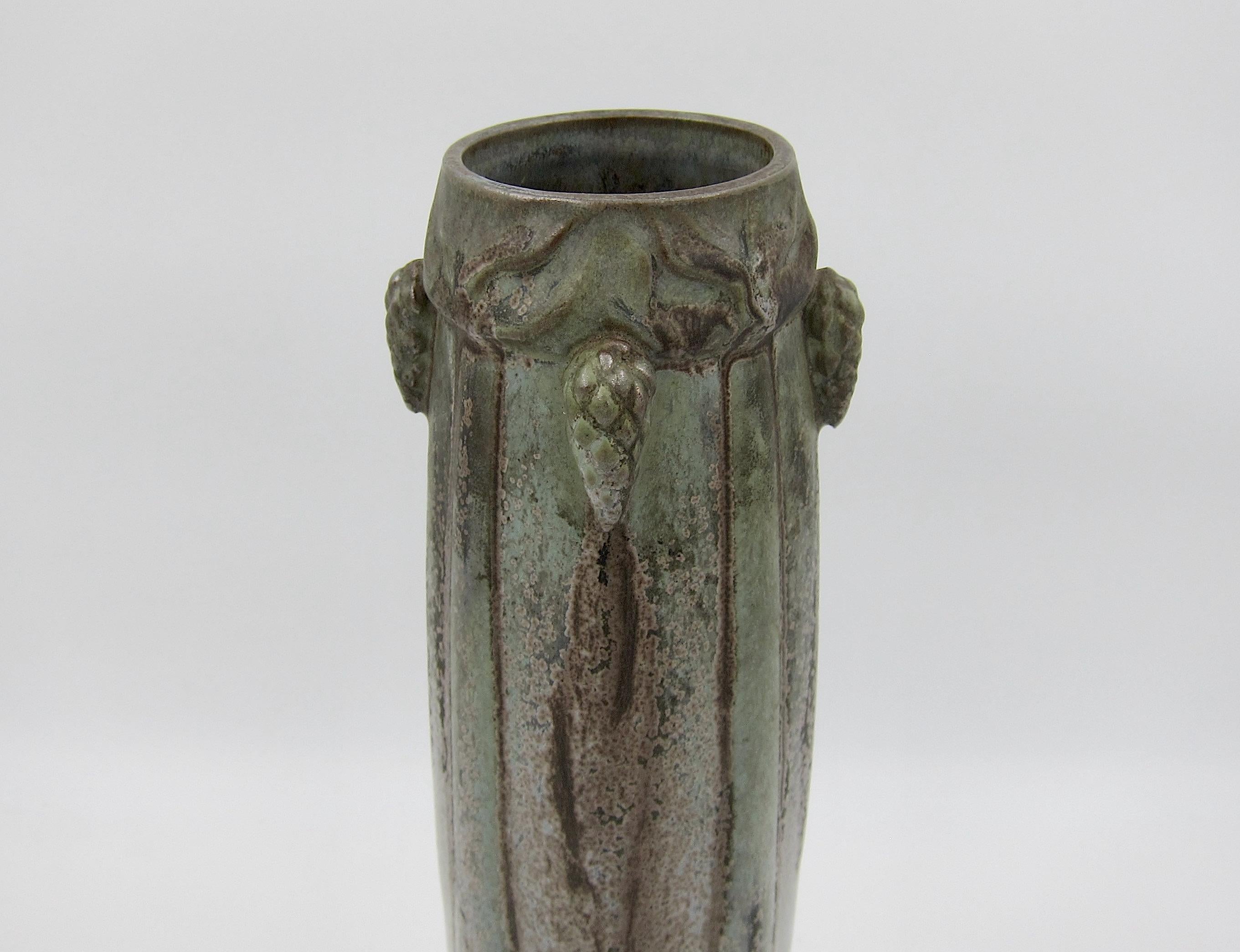 French Art Nouveau Crystalline Vase with Pine Cones Denbac Pottery Vierzon For Sale 1