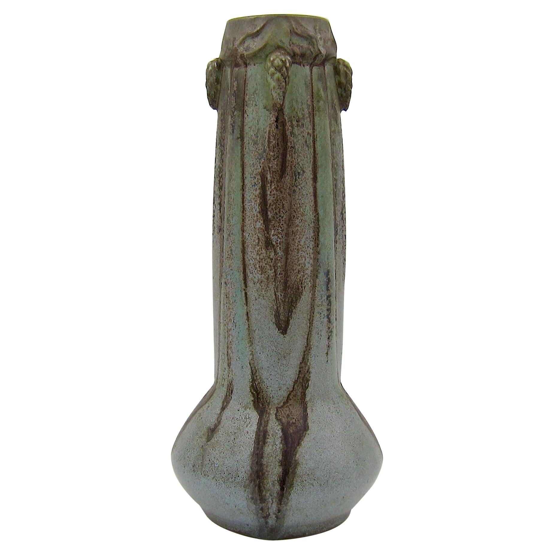 French Art Nouveau Crystalline Vase with Pine Cones Denbac Pottery Vierzon