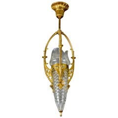 French Art Nouveau Cut Crystal Glass and Brass Pendant Light, Early 20th Century