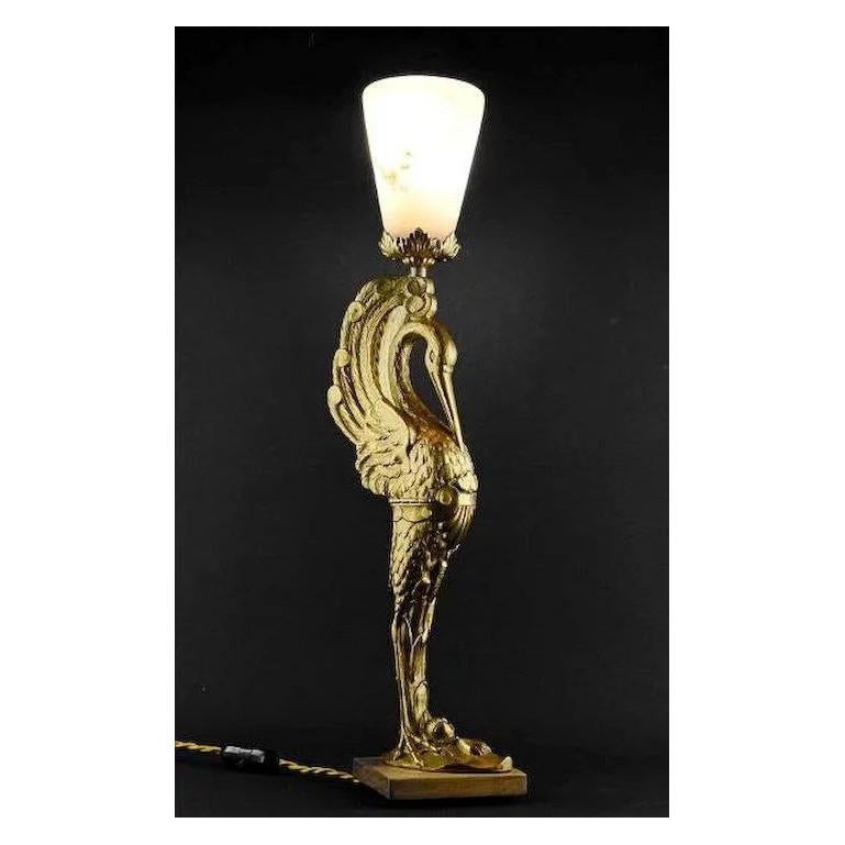 Any fair offer will be examined with the utmost attention, please send a message. Large French Art Nouveau / deco bronze and alabaster table lamp, France, 1910-1920. Ibis or heron. Alabaster, bronze and rosewood. Superb old alabaster shade. The