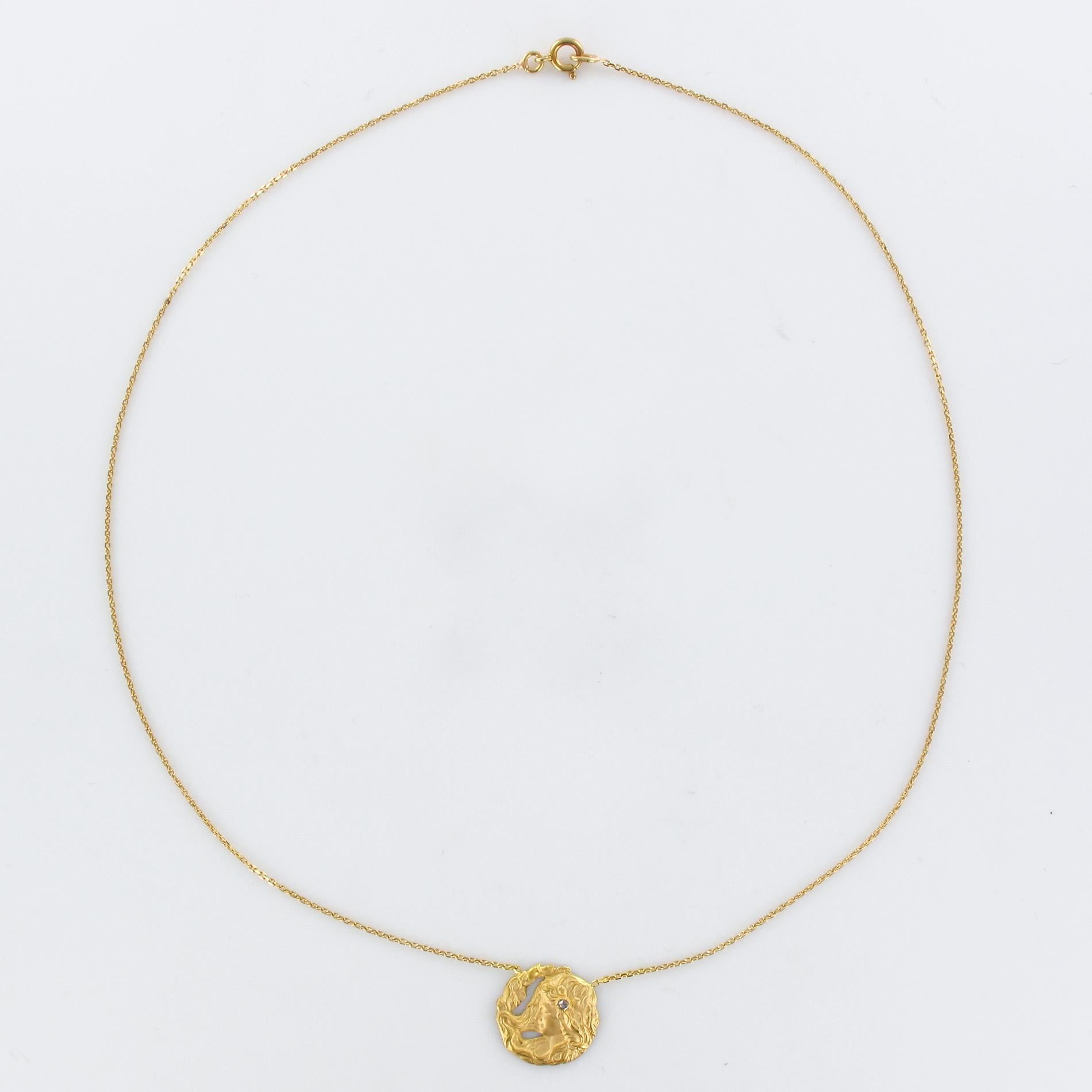 Women's French Art Nouveau Diamond 18 Karat Yellow Gold Thin Chain Medallion