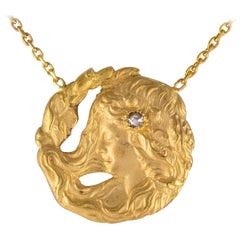 French Art Nouveau Diamond 18 Karat Yellow Gold Thin Chain Medallion