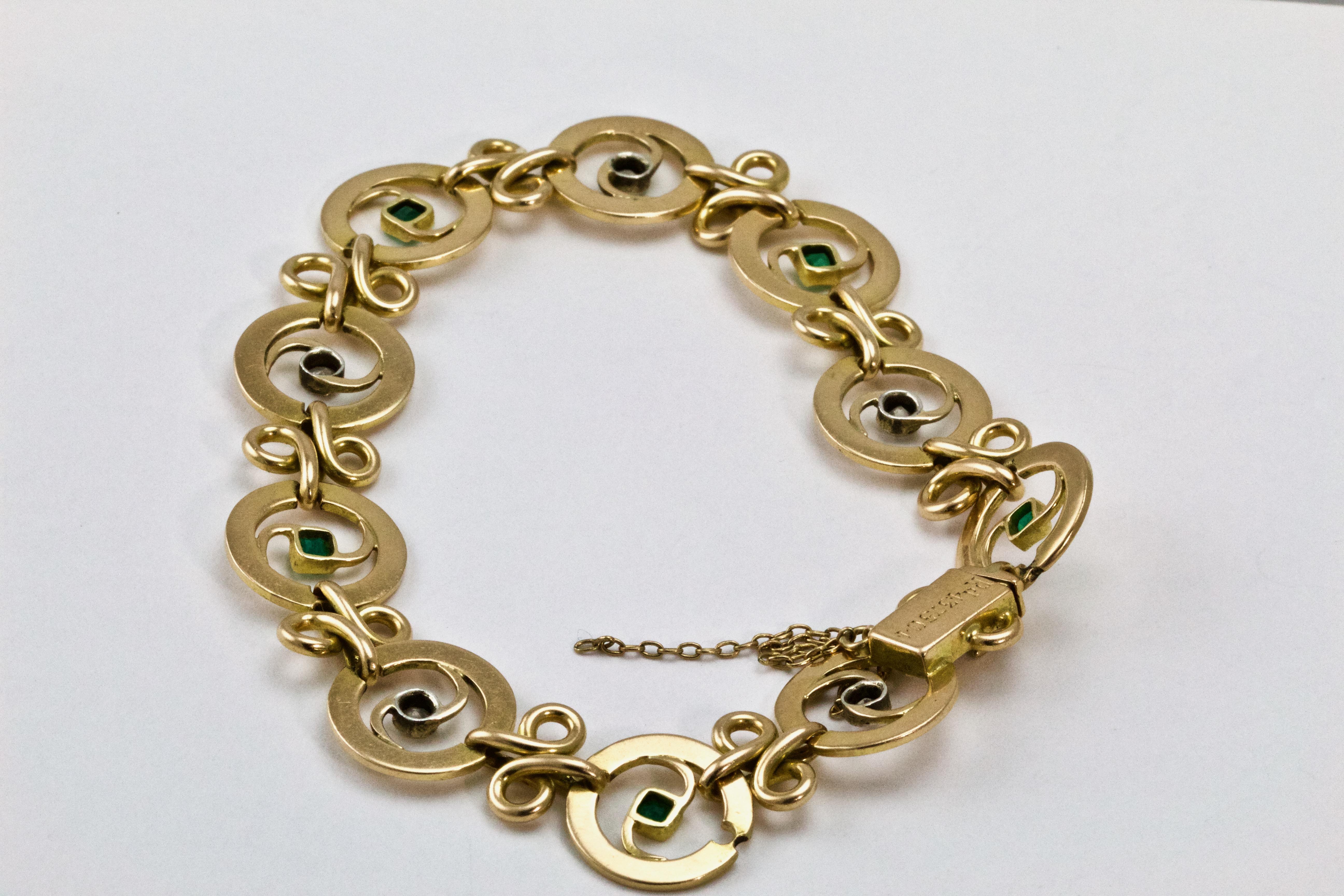 Old European Cut French Art Nouveau Diamond and Emerald Bracelet For Sale