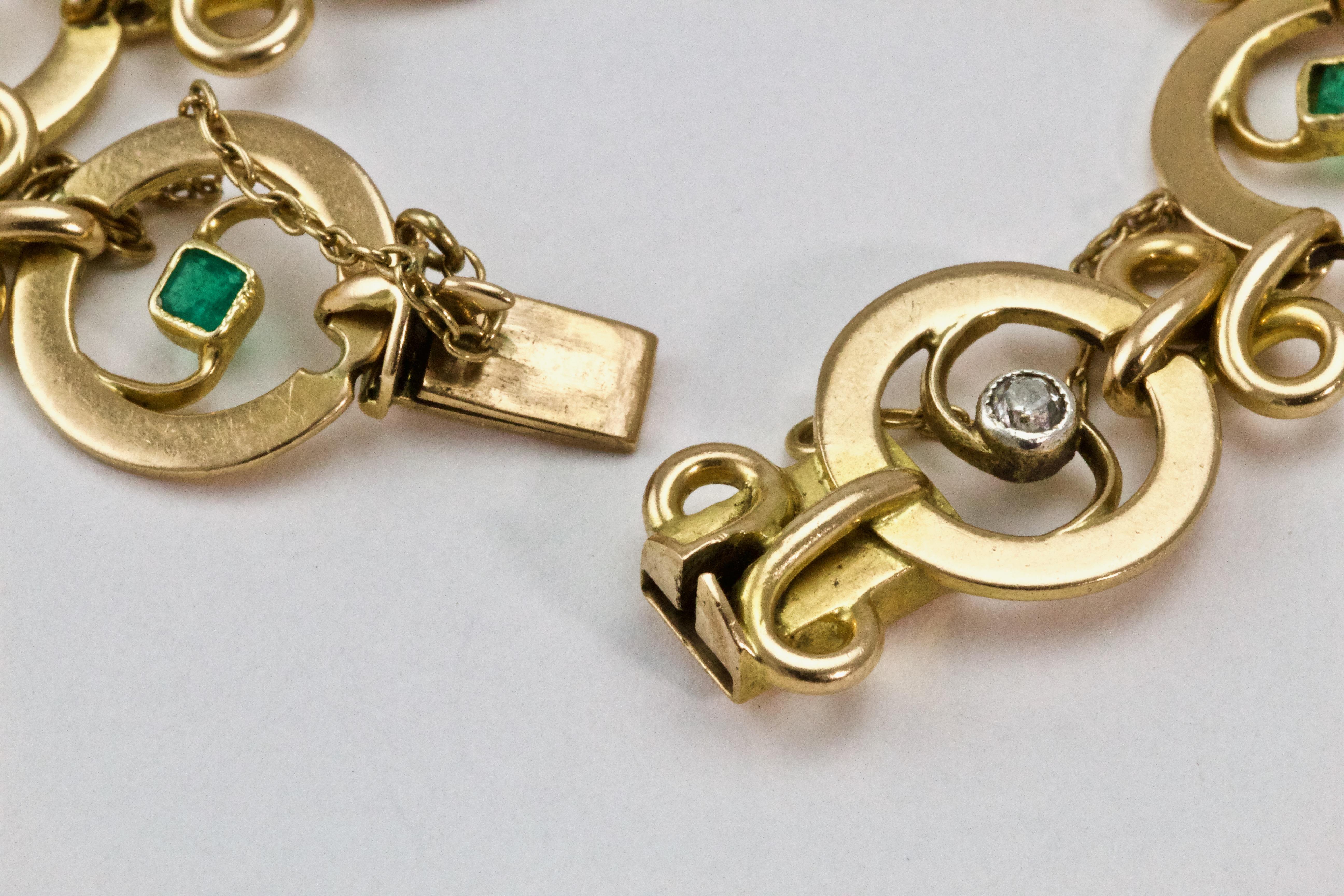 Women's French Art Nouveau Diamond and Emerald Bracelet For Sale