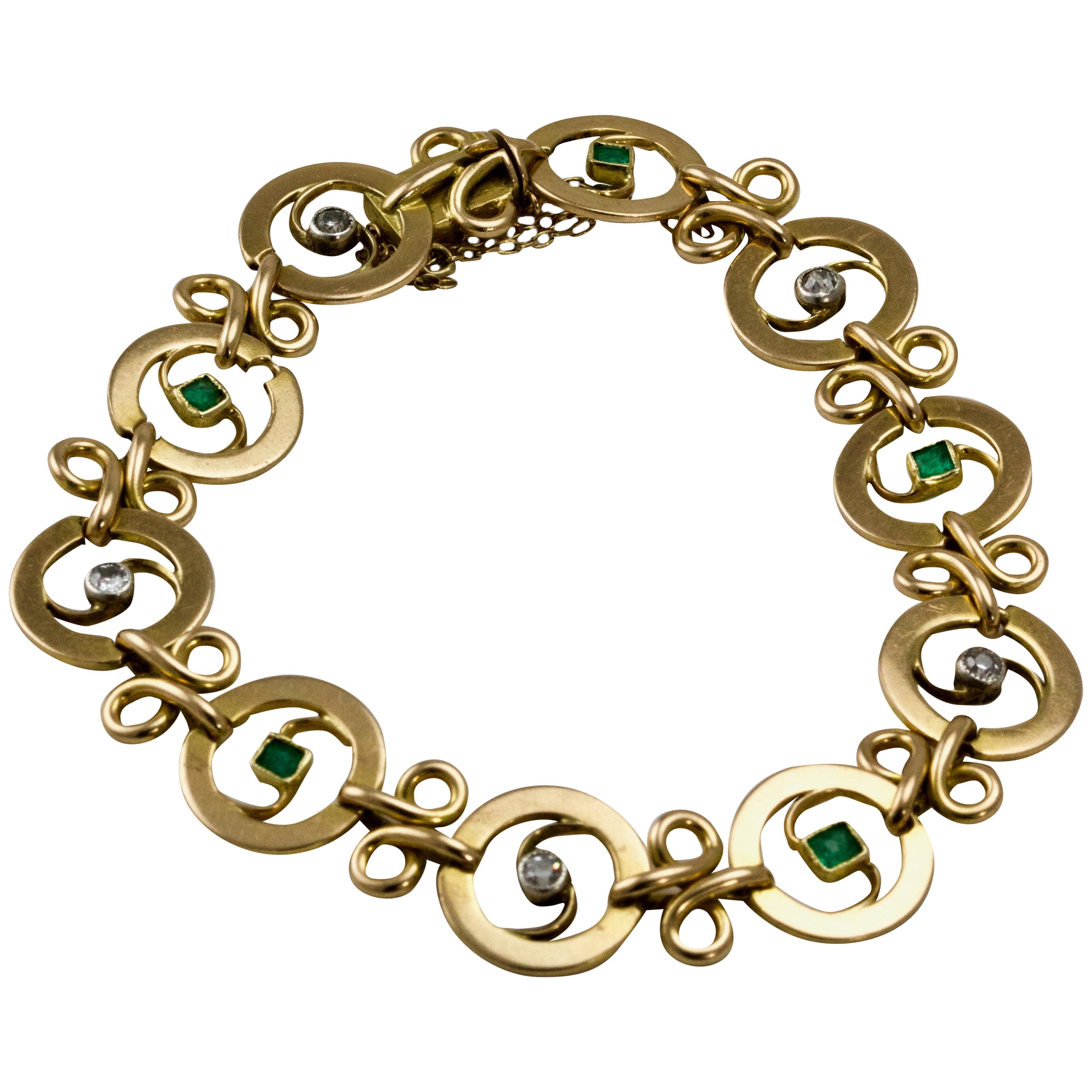 French Art Nouveau Diamond and Emerald Bracelet