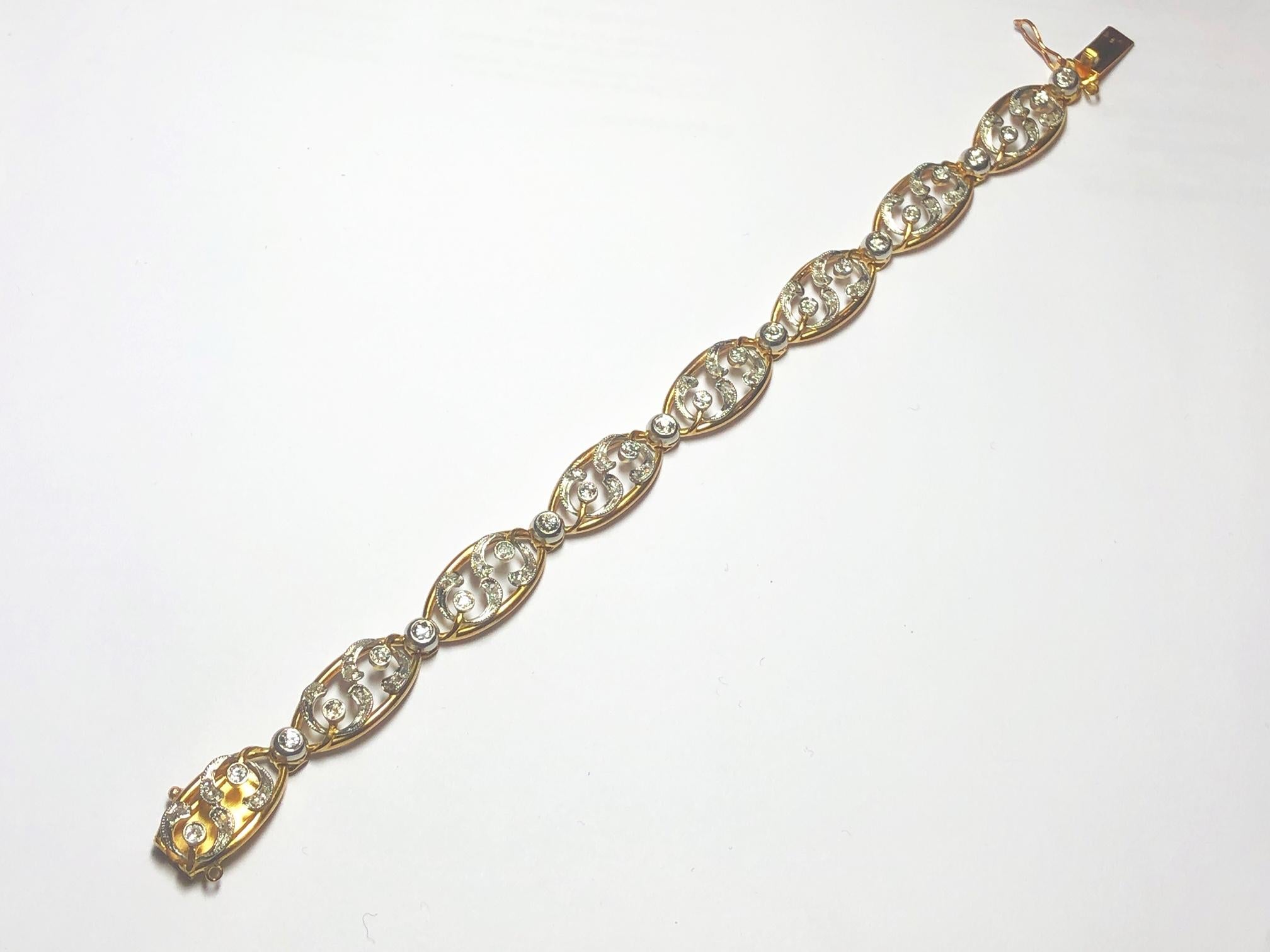 Old European Cut French Art Nouveau Diamond and Gold Mistletoe Bracelet