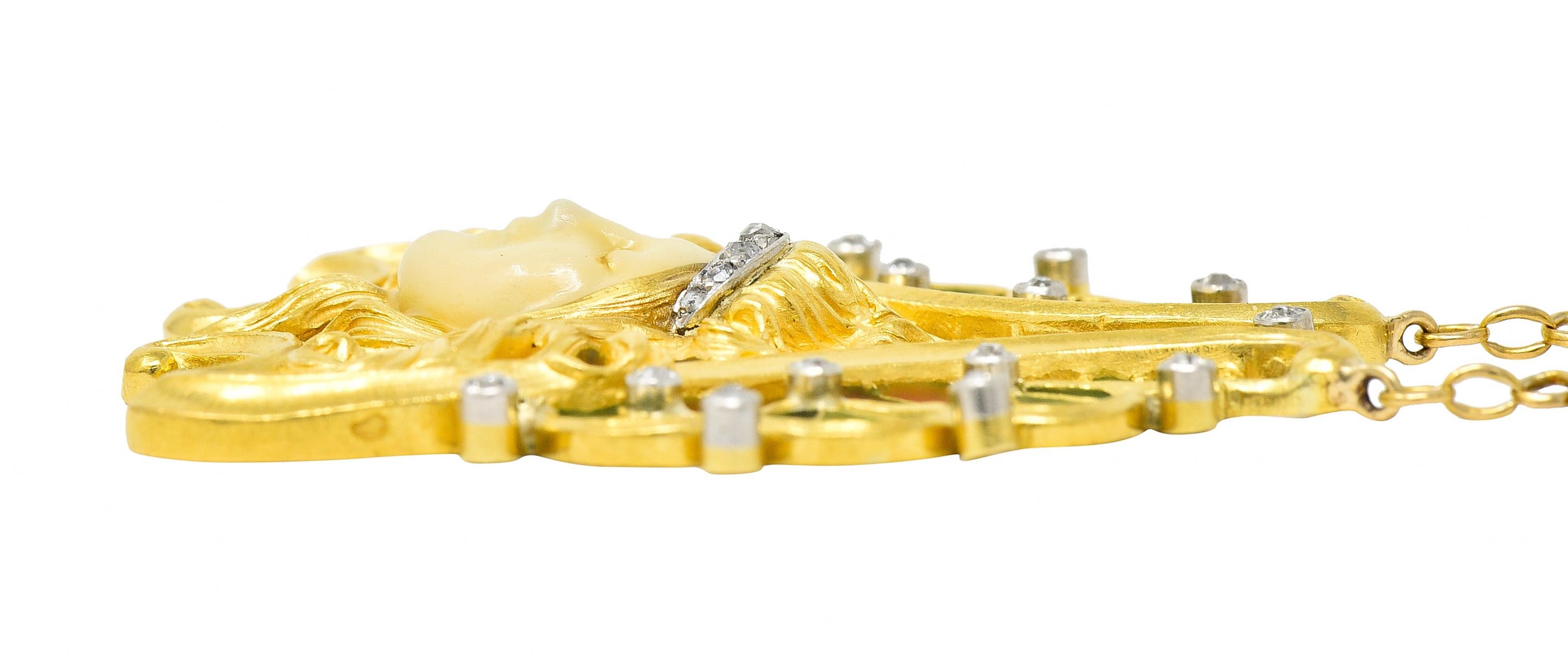 French Art Nouveau Diamond Enamel Platinum 18 Karat Yellow Antique Lady Necklace For Sale 5
