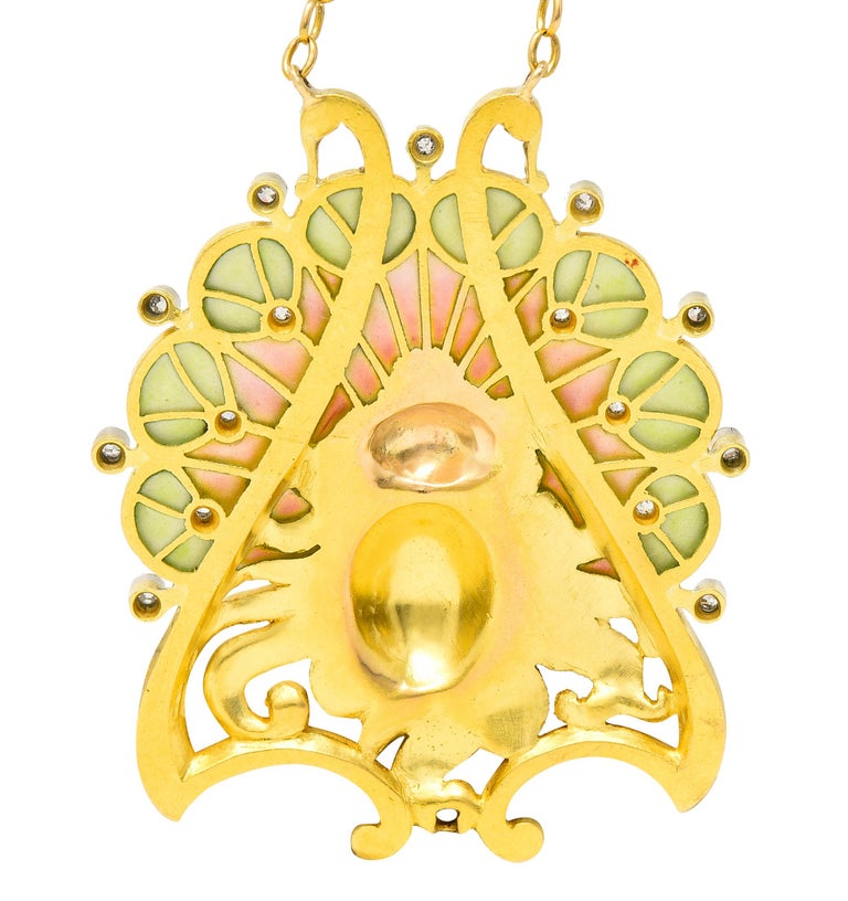 French Art Nouveau Diamond Enamel Platinum 18 Karat Yellow Antique Lady Necklace For Sale 6