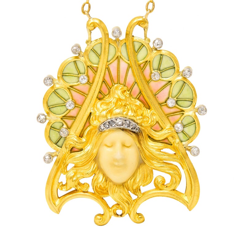 French Art Nouveau Diamond Enamel Platinum 18 Karat Yellow Antique Lady Necklace For Sale 7