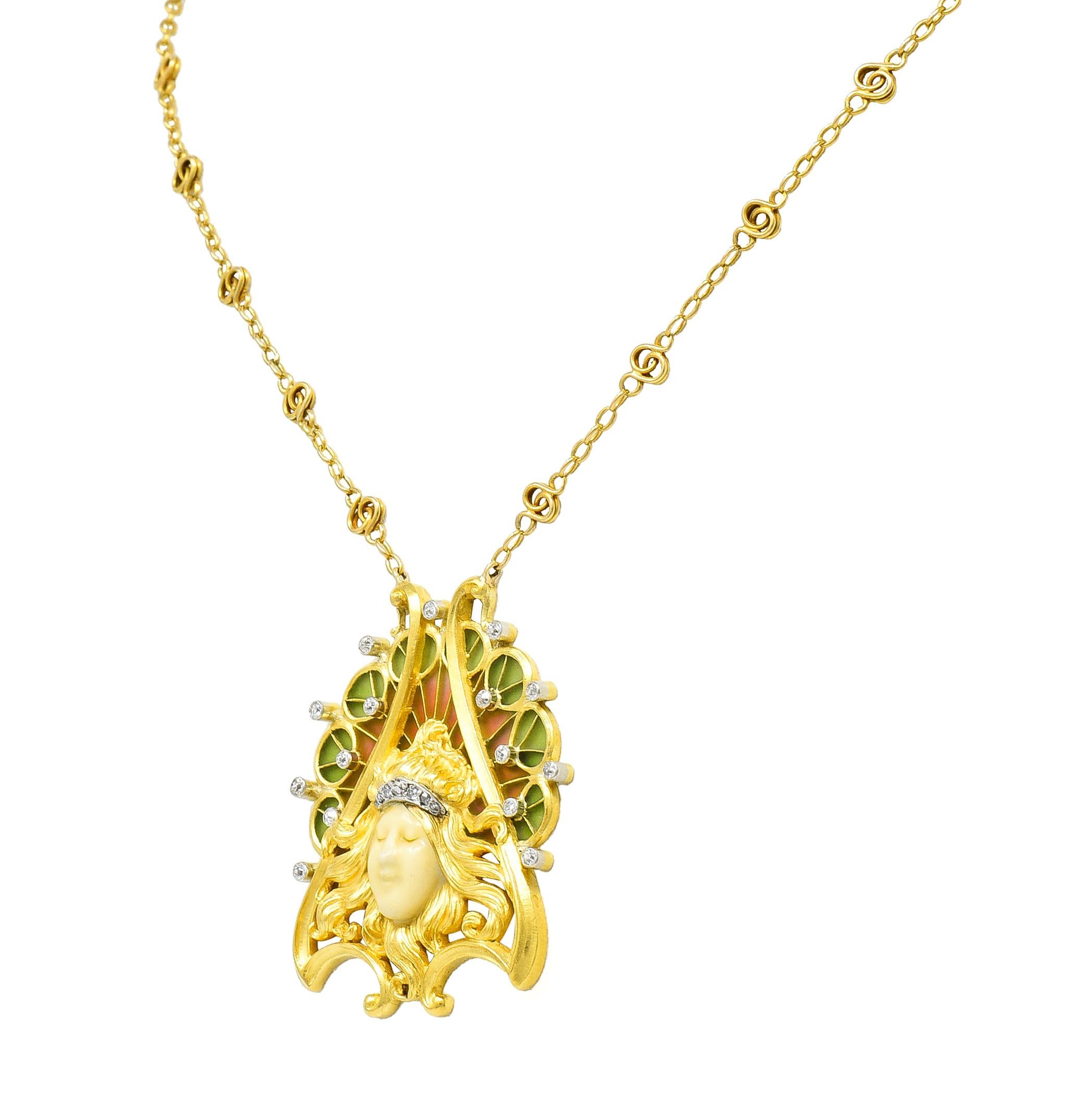 French Art Nouveau Diamond Enamel Platinum 18 Karat Yellow Antique Lady Necklace In Excellent Condition In Philadelphia, PA