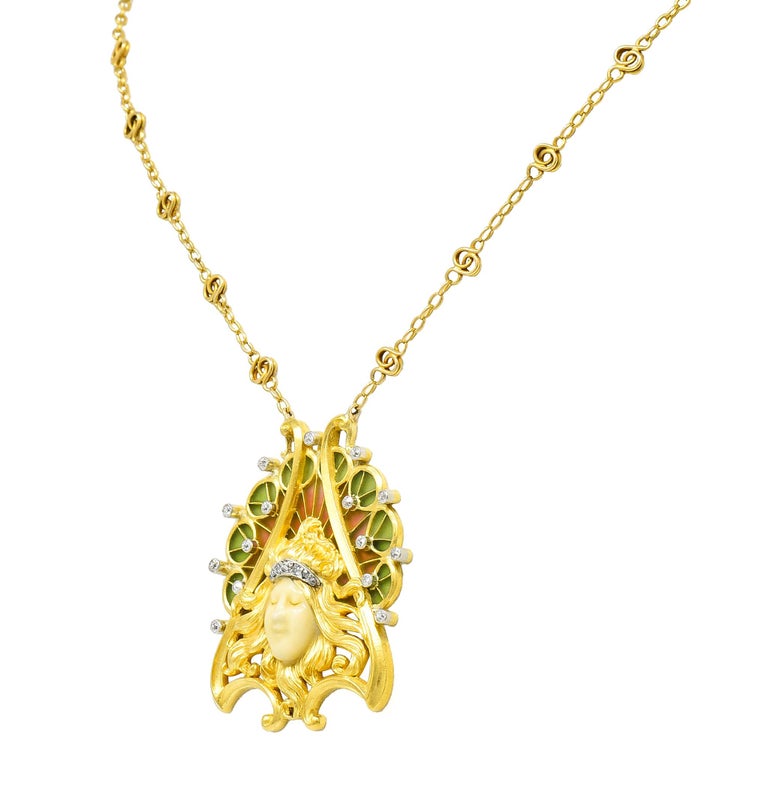 Old European Cut French Art Nouveau Diamond Enamel Platinum 18 Karat Yellow Antique Lady Necklace For Sale