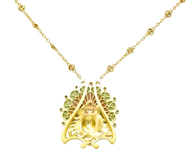 French Art Nouveau Diamond Enamel Platinum 18 Karat Yellow Antique Lady Necklace In Excellent Condition For Sale In Philadelphia, PA