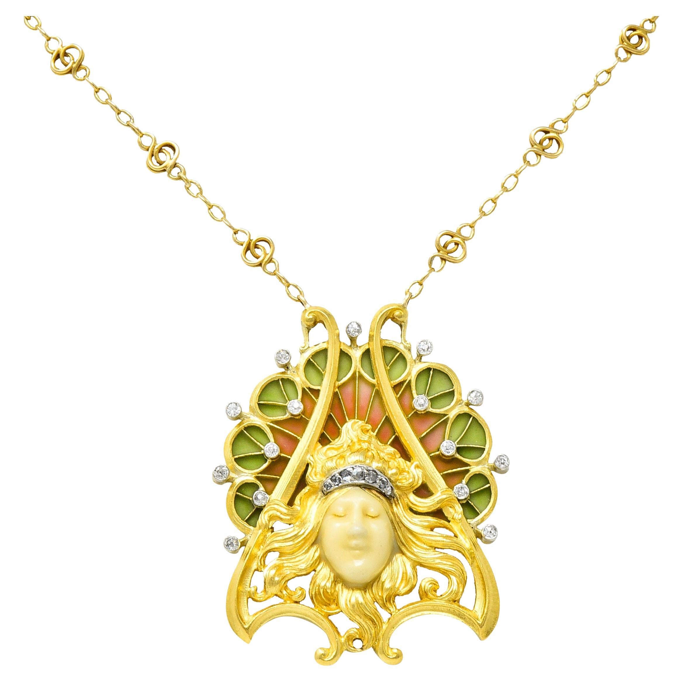 French Art Nouveau Diamond Enamel Platinum 18 Karat Yellow Antique Lady Necklace For Sale