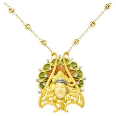 French Art Nouveau Diamond Enamel Platinum 18 Karat Yellow Antique Lady Necklace