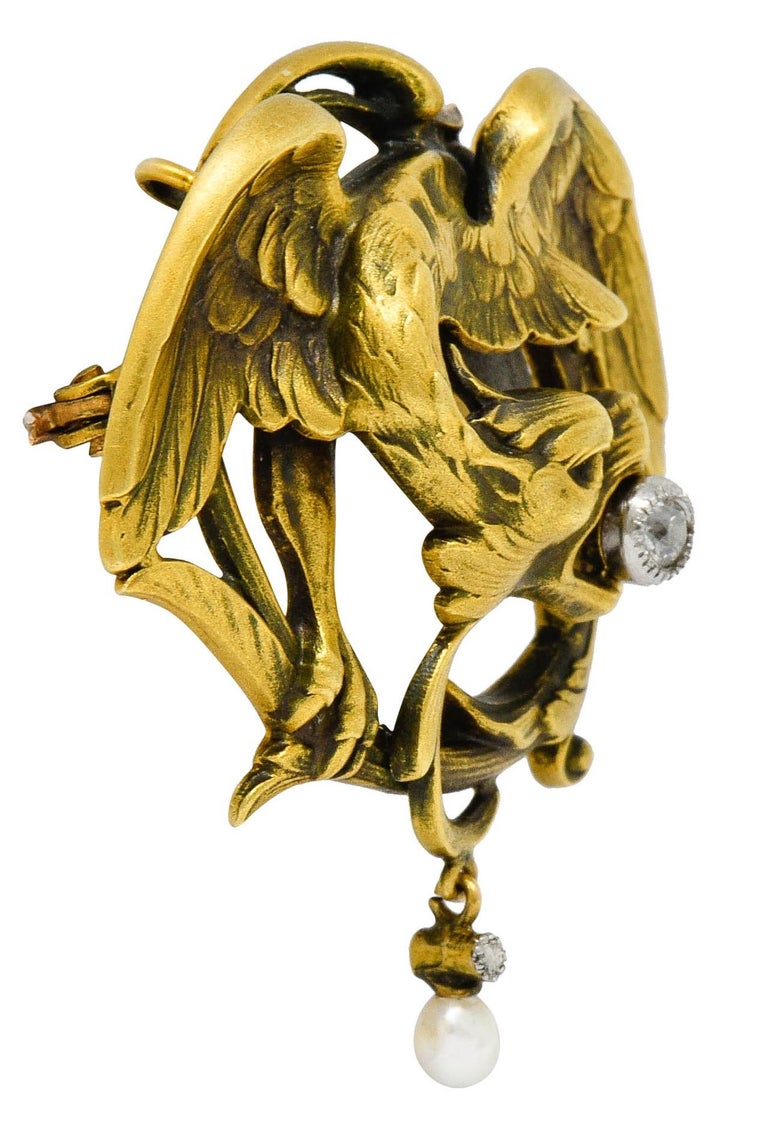 French Art Nouveau Diamond Pearl 18 Karat Gold Griffin Brooch at 1stDibs