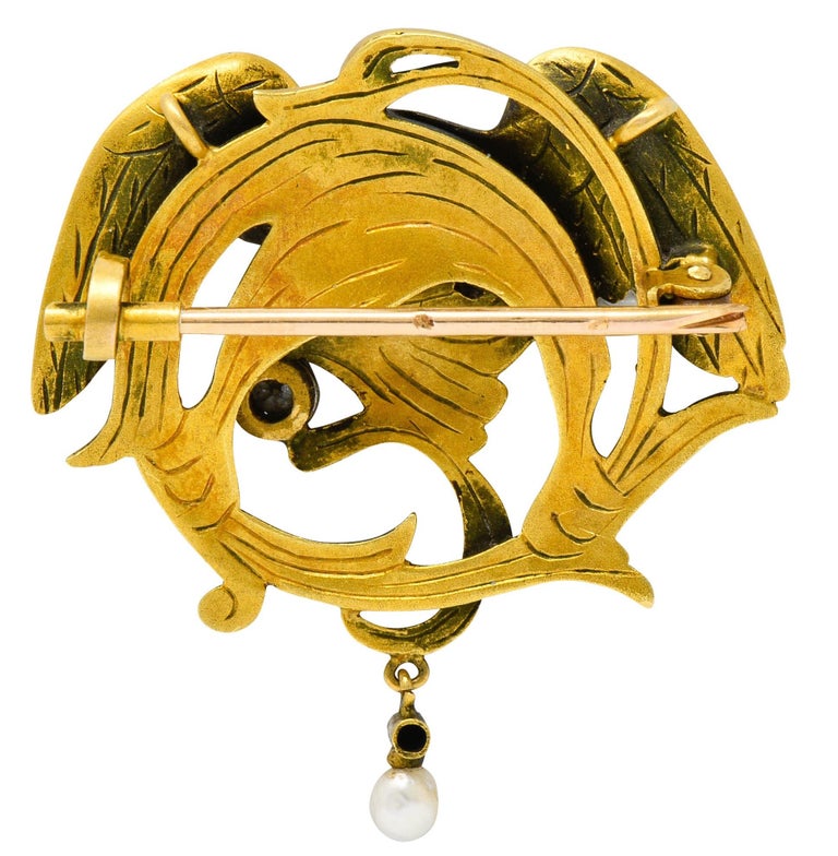 French Art Nouveau Diamond Pearl 18 Karat Gold Griffin Brooch at 1stDibs