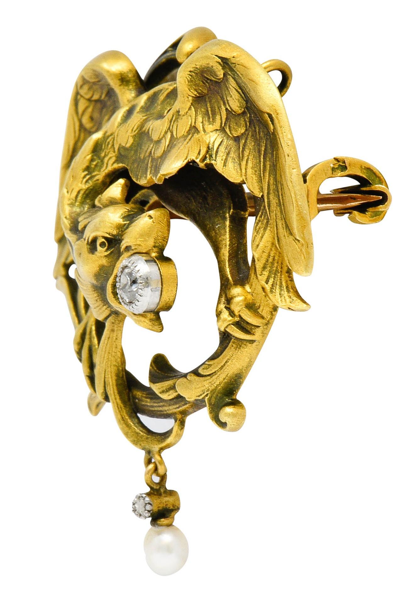 Old European Cut French Art Nouveau Diamond Pearl 18 Karat Gold Griffin Brooch