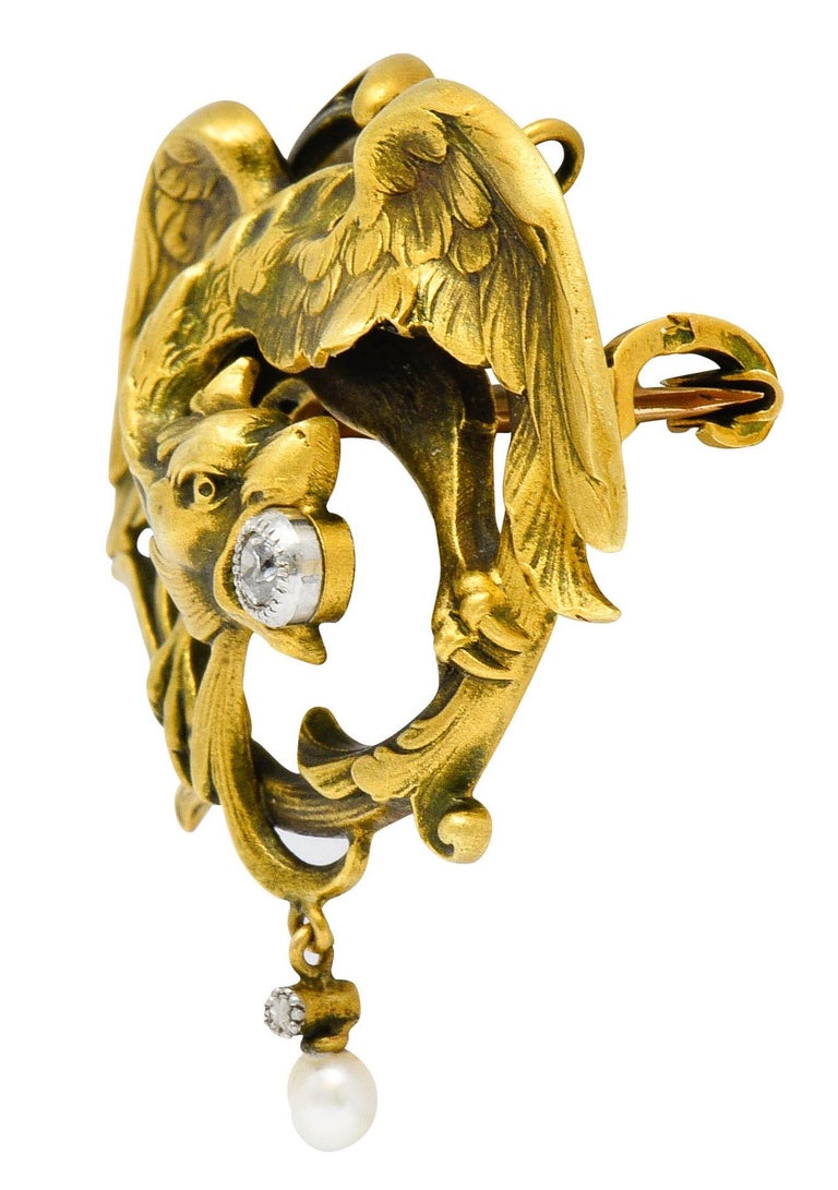 French Art Nouveau Diamond Pearl 18 Karat Gold Griffin Brooch at 1stDibs