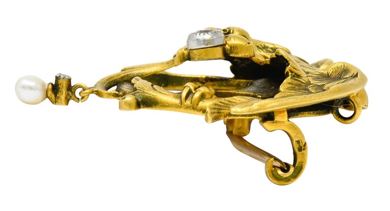 French Art Nouveau Diamond Pearl 18 Karat Gold Griffin Brooch at 1stDibs