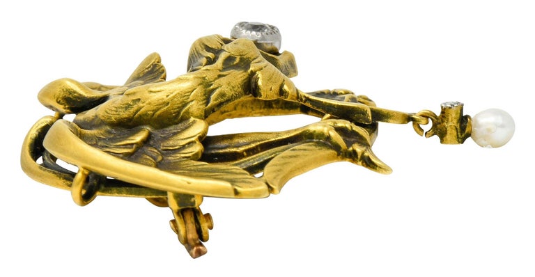 French Art Nouveau Diamond Pearl 18 Karat Gold Griffin Brooch at 1stDibs