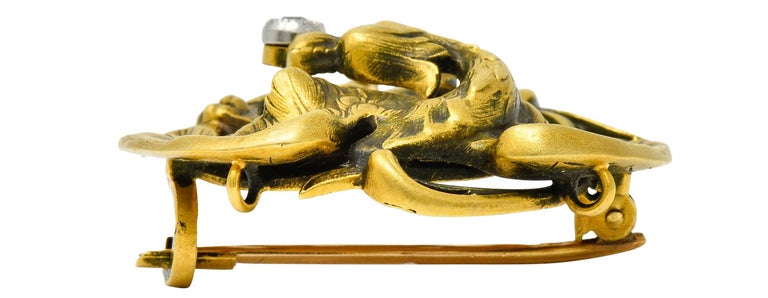 French Art Nouveau Diamond Pearl 18 Karat Gold Griffin Brooch at 1stDibs