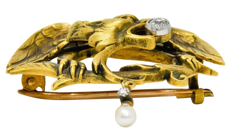 French Art Nouveau Diamond Pearl 18 Karat Gold Griffin Brooch at 1stDibs