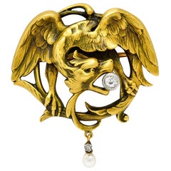 Antique French Art Nouveau Diamond Pearl 18 Karat Gold Griffin Brooch