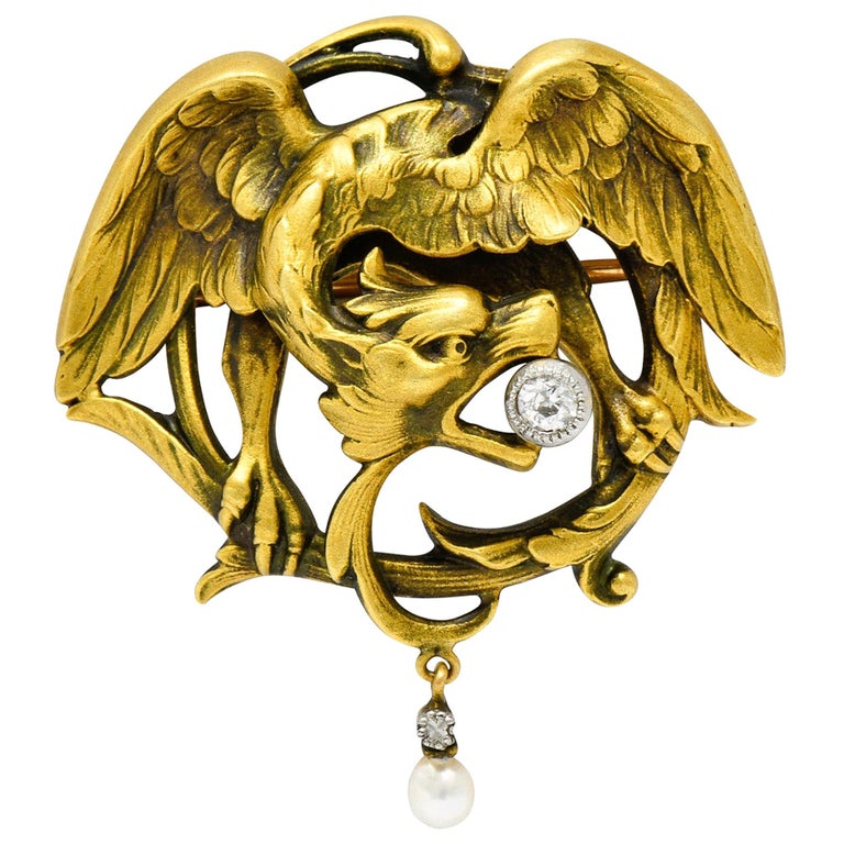 French Art Nouveau Diamond Pearl 18 Karat Gold Griffin Brooch at 1stDibs