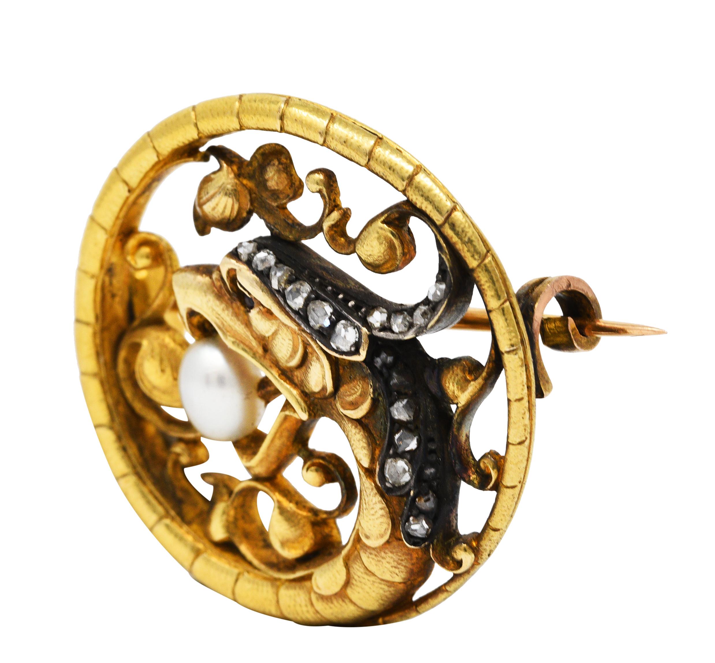 Round Cut French Art Nouveau Diamond Pearl Silver 18 Karat Gold Basilisk Dragon Brooch