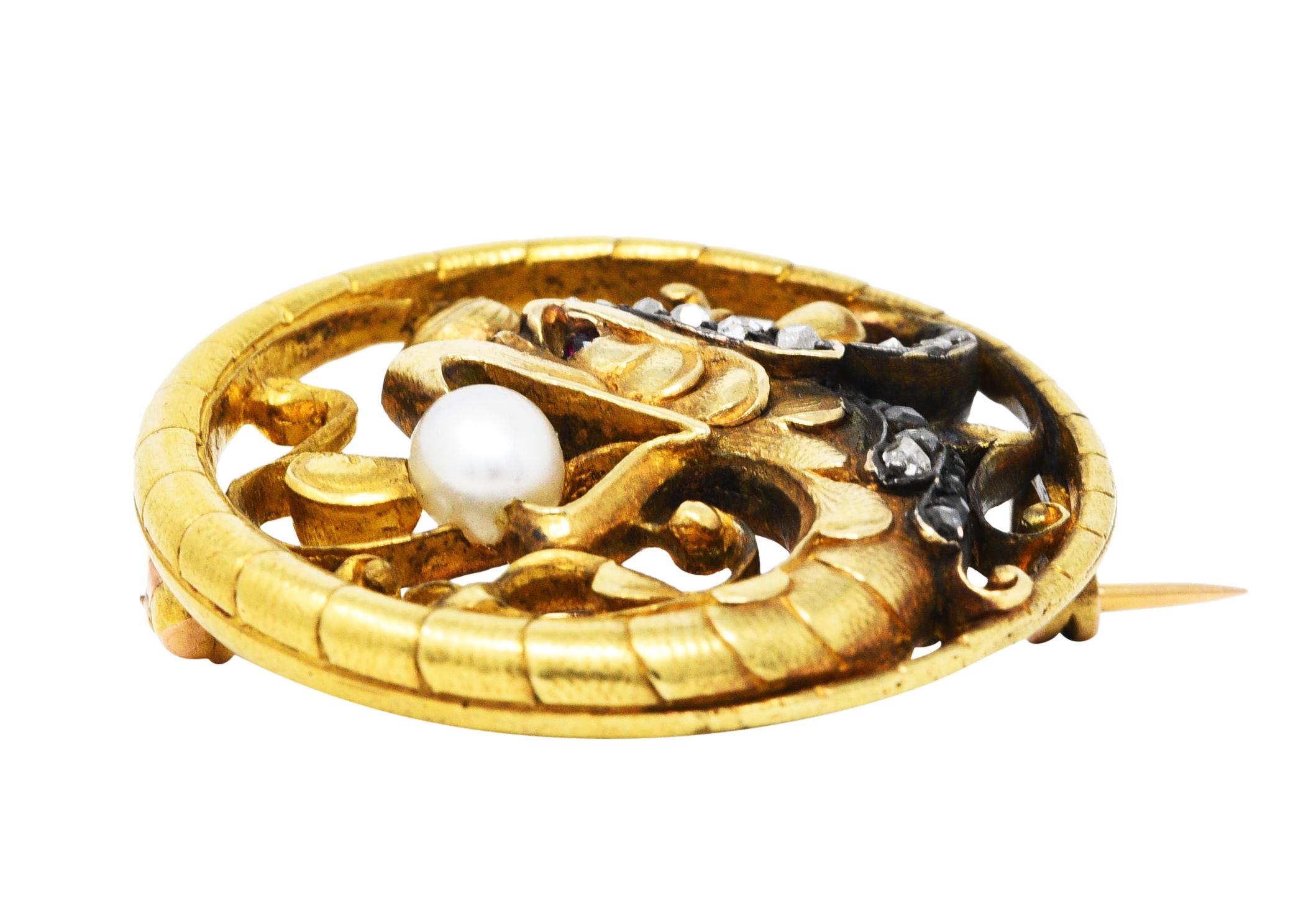French Art Nouveau Diamond Pearl Silver 18 Karat Gold Basilisk Dragon Brooch 1