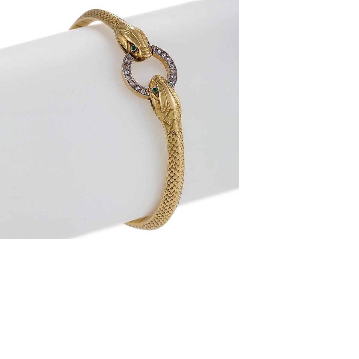 French Art Nouveau Diamond Platinum and Gold Serpent Bracelet 1