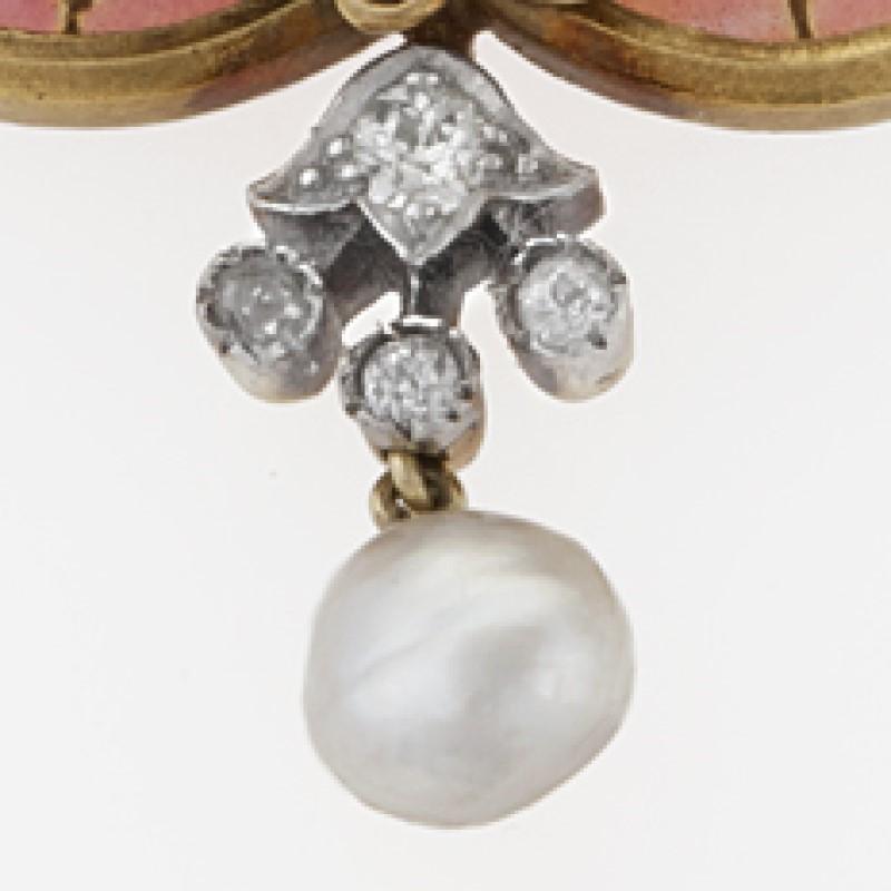Women's French Art Nouveau Diamond Plique-à-Jour Enamel Pearl and Gold 'Maiden' Brooch