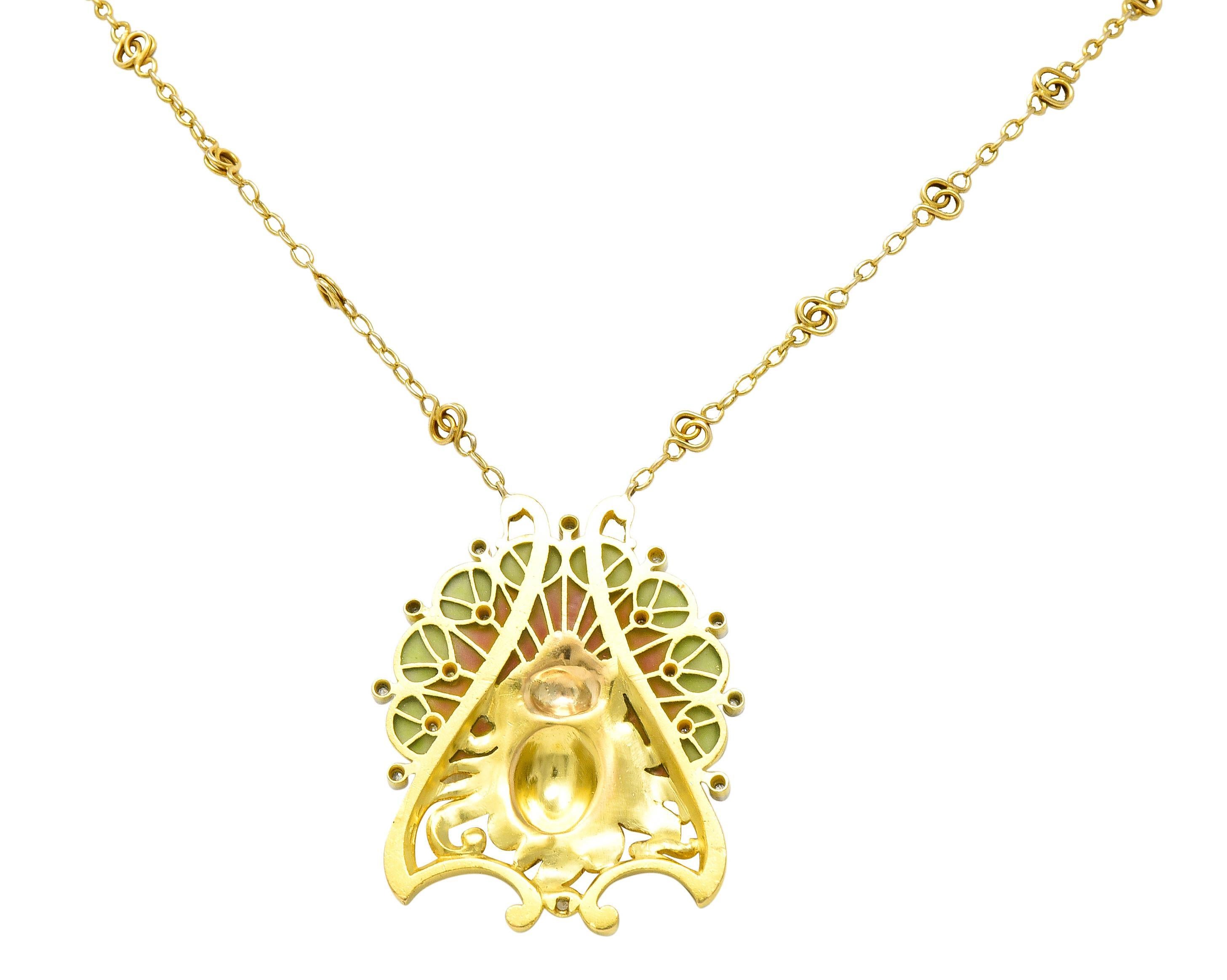 French Art Nouveau Diamond Plique-A-Jour Enamel Platinum 18 Karat Gold Necklace in vendita 6